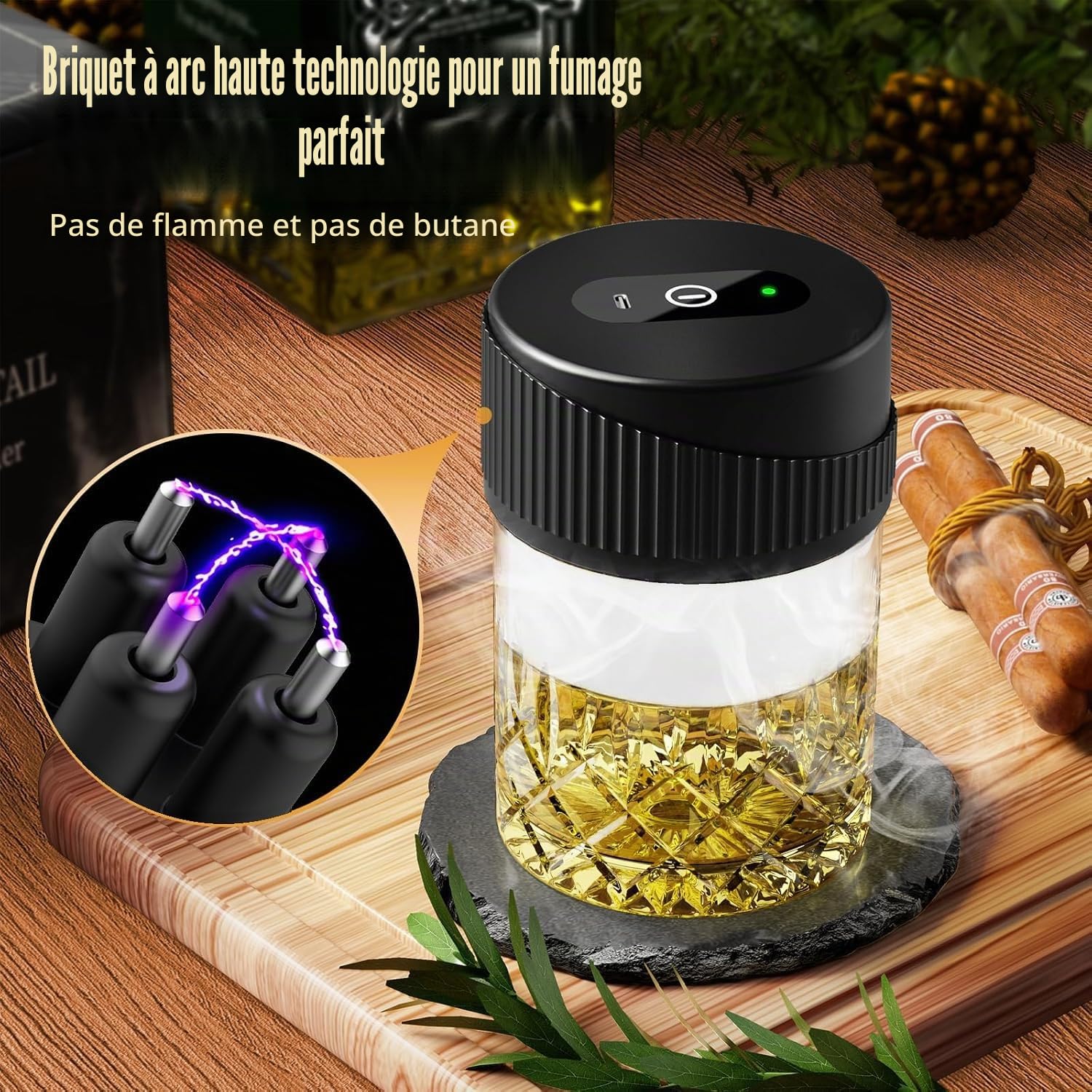 Kit de Fumeur de Whisky Electrique Portable - Kit de Fumée de Cocktail Multifonctionnel Rechargeable avec 6 Puces de Bois (sans Butane) - Briquet Intégré