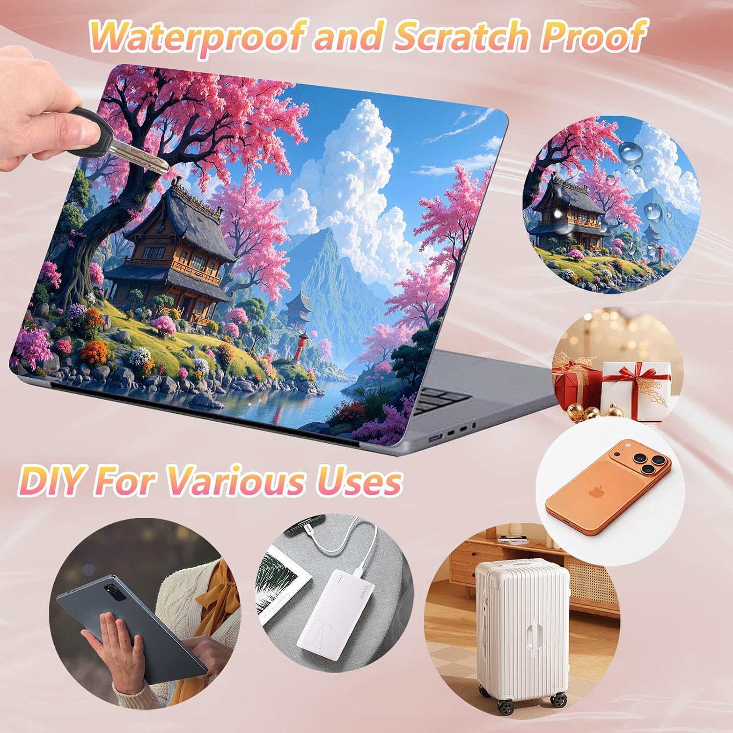 Laptop Skin Sticker Decal 12" 13" 13.3" 14" 15" 15.6",Waterproof Scratch Resistant Vinyl,Reusable Easy to Apply,for MacBook HP Dell Notebooks Netbooks Laptop,2 Wrist Pads,Cherry Blossom House image 5