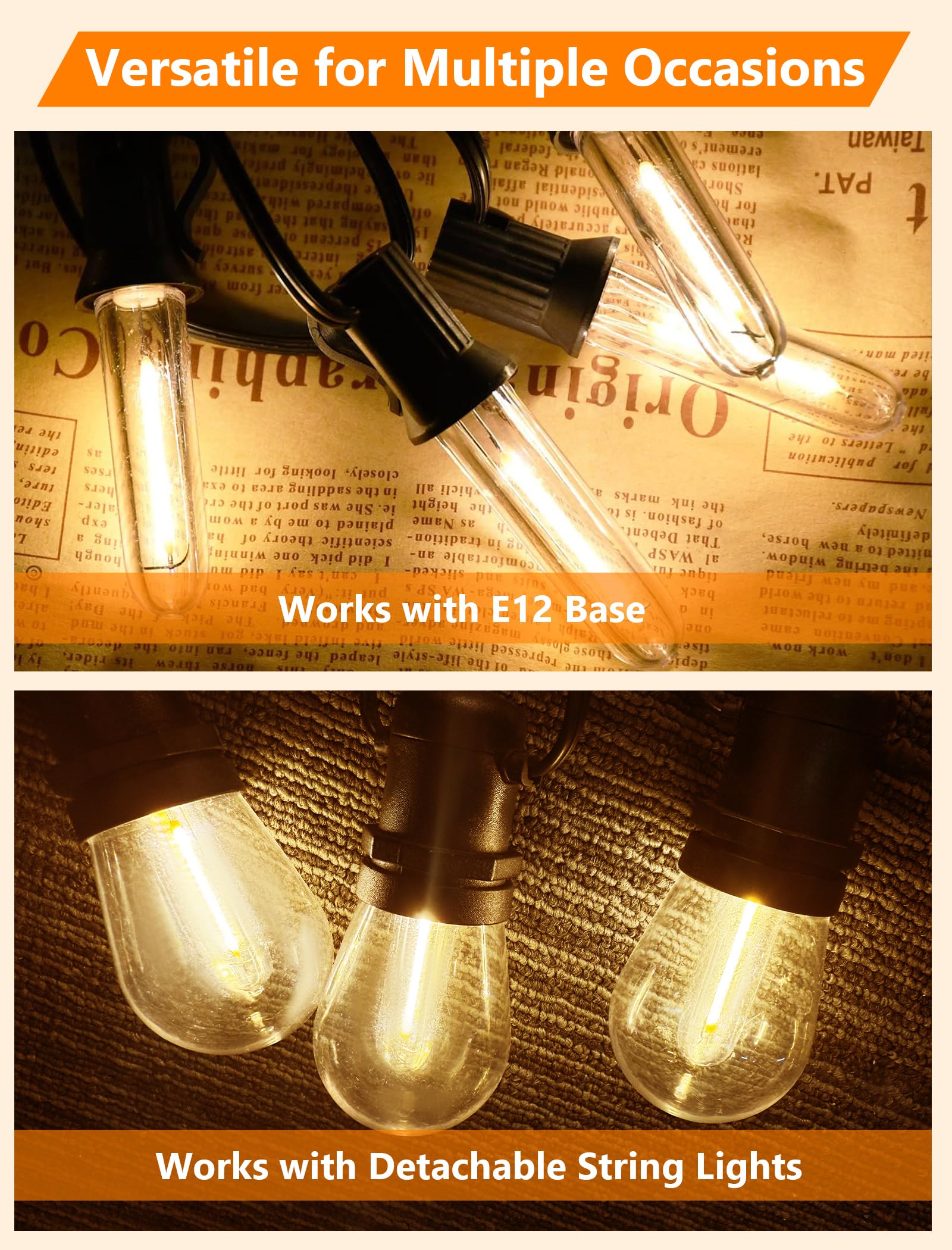 12 Pack LED Replacement Bulbs E12 T13 LED Light Bulbs for Outdoor String Lights Shatterproof Dimmable E12 Candelabra — view 3