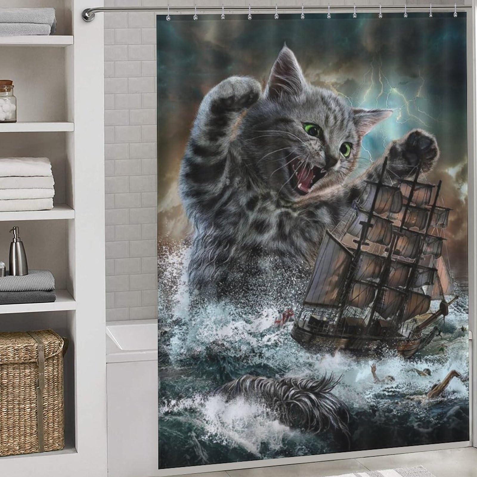 Rideau de douche chat tissu polyester imperméable 168x183cm rideau salle de bain