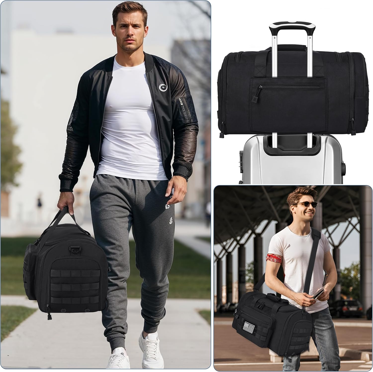 HILOMON Tactical Travel Duffle Bag for Men, 45L Expandable Water-Resistant Mens Carry-on Weekender Overnight Gym Bag with Shoe Compartment