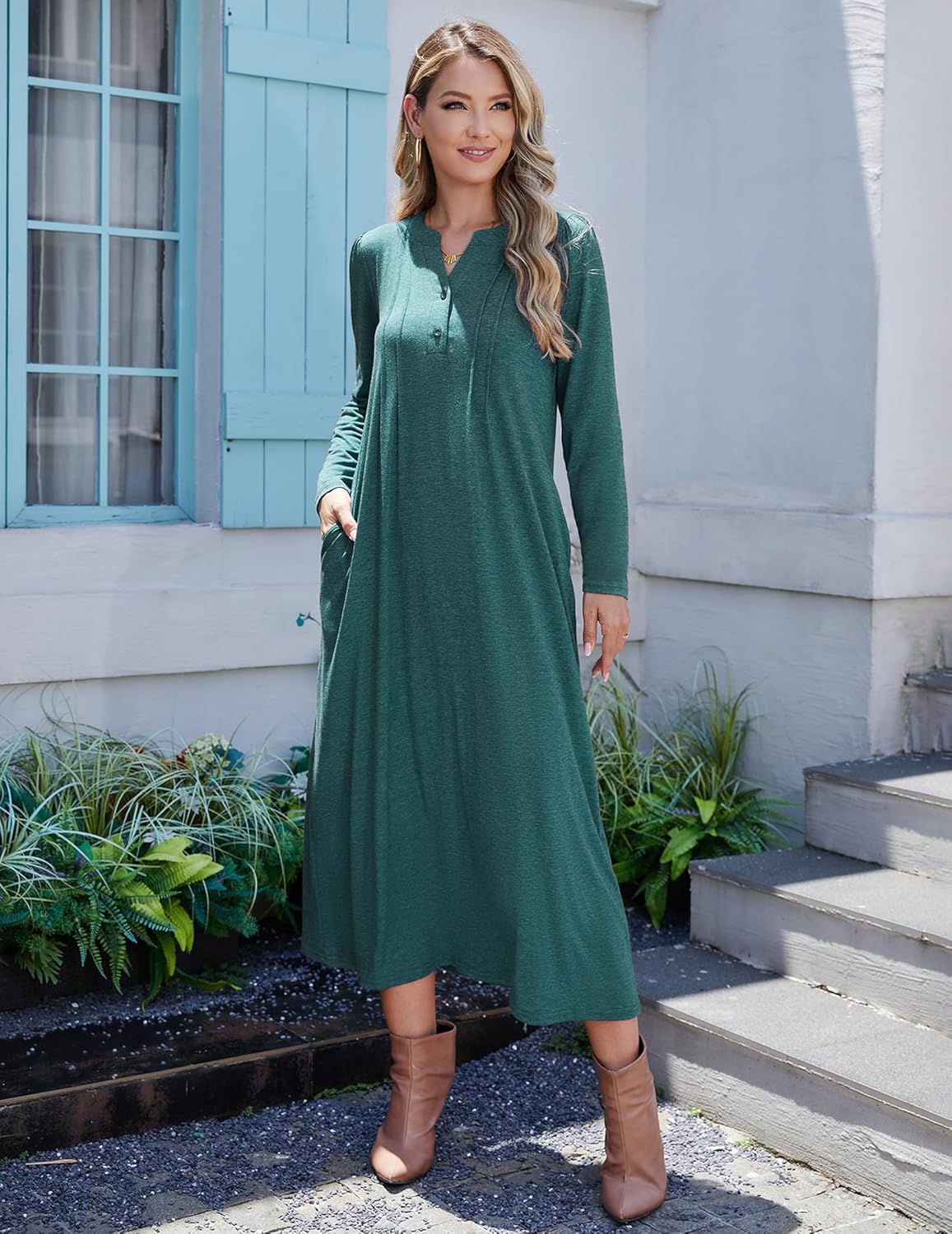 Marvmys Womens Cotton Nightgown Long Sleeve Button Up Sleep Shirts Full Length Henley Nightshirts V Neck Sleepwear S-3XL - Image 9