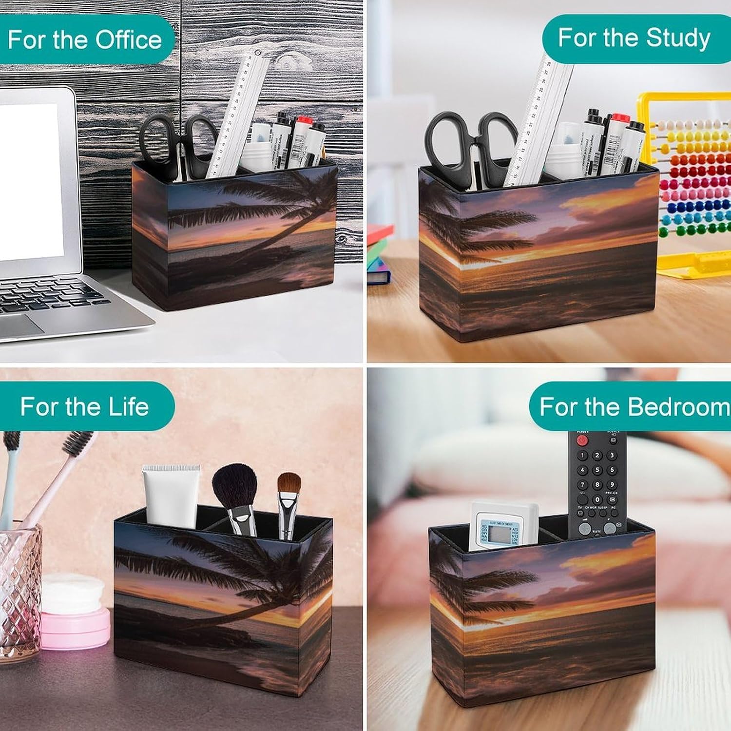 Palm Tree Sunset Beach Pen Holder Double Compartments Pen Cup Fashion Makeup Brush Holders Leather Pencil Holder for Work Locker Accessories Modern Pencil Cup for Desk Organizer image 4