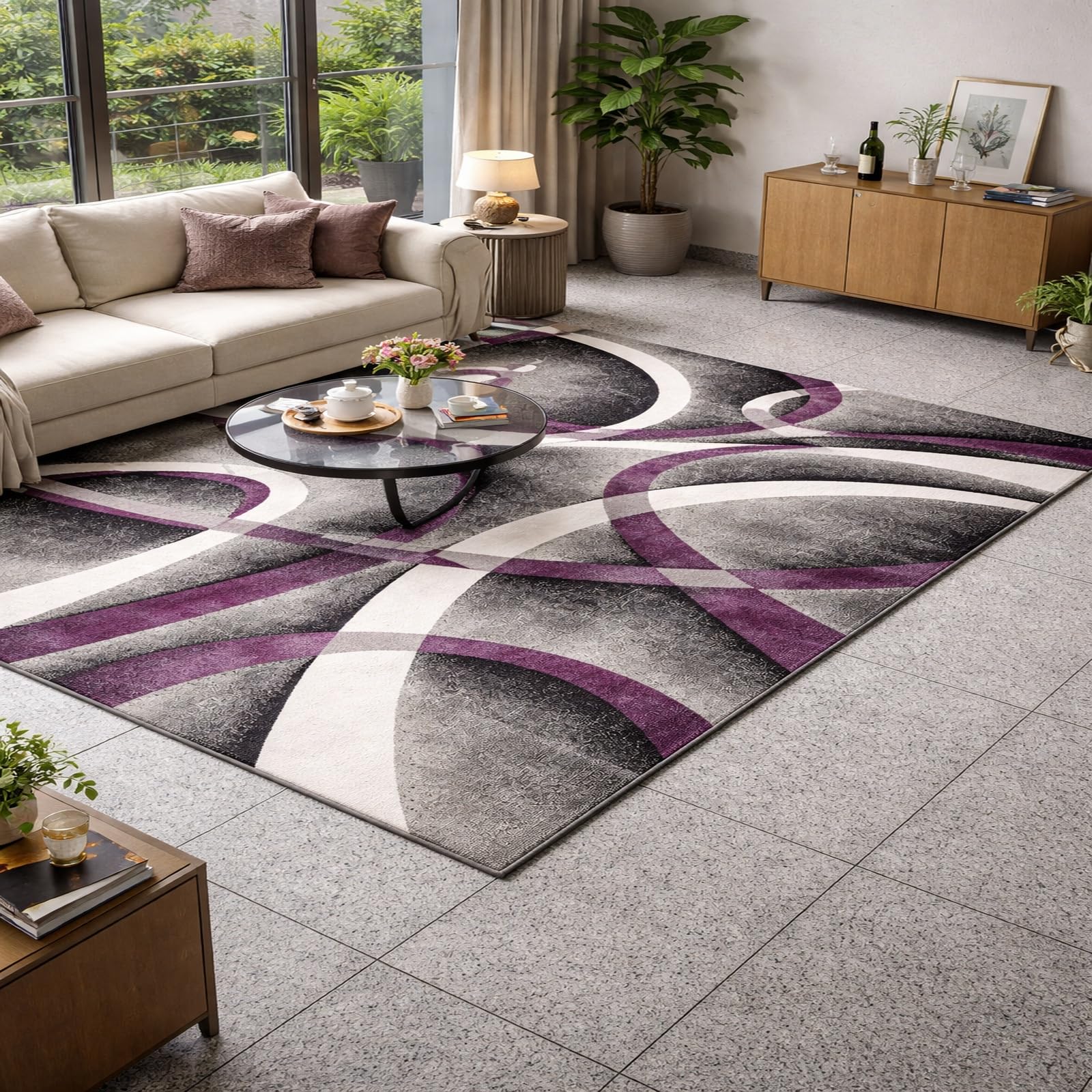 Alfombra abstracta moderna morada lavadora fácil cuidado hogar