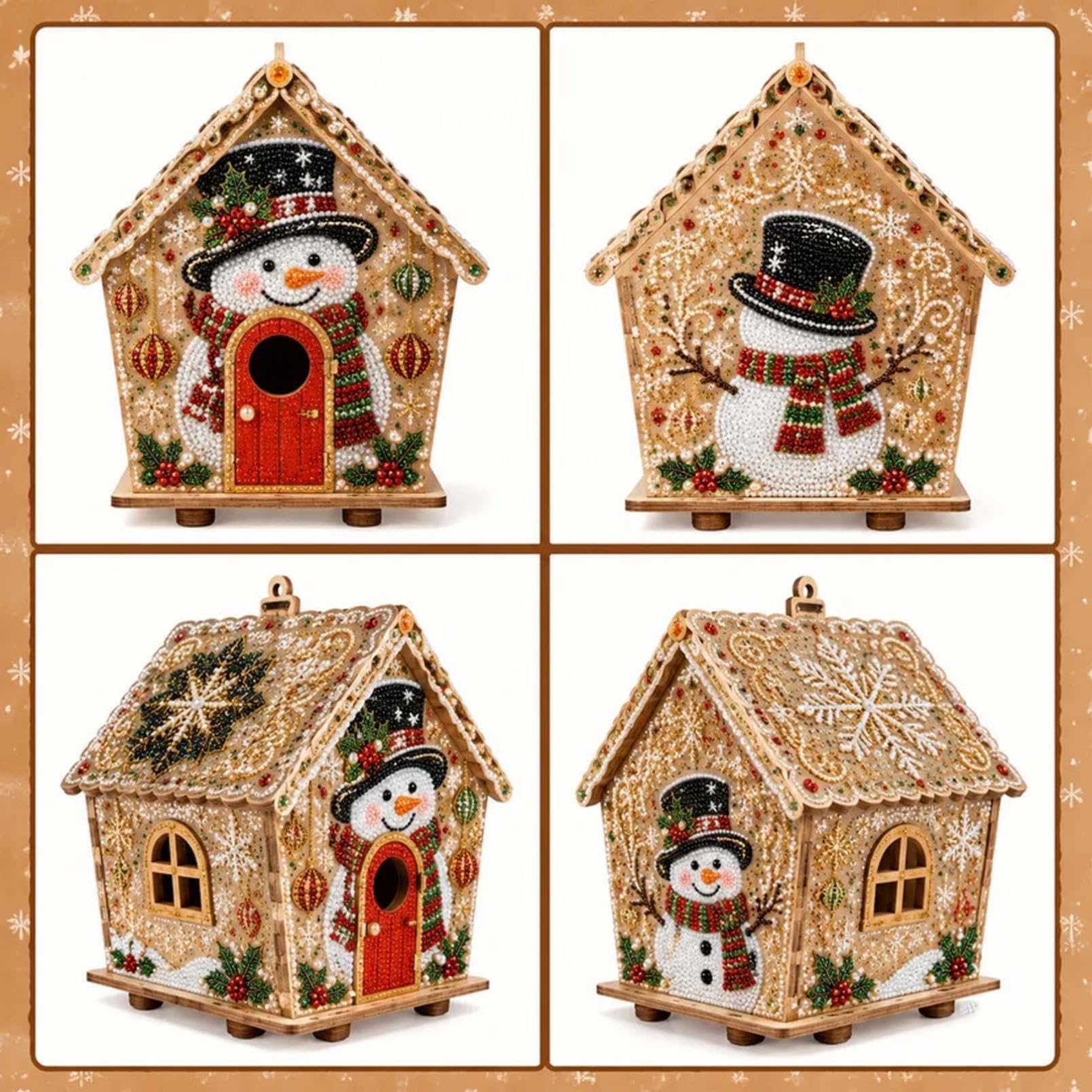 Christmas Wooden House Pearl Art Craft Kit, Festive Snowman Santa Reindeer Pattern Handmade Ornaments, DIY Pearl Bead Craft Set for Indoor Wall Hanging, Tabletop Home Decoration (B)