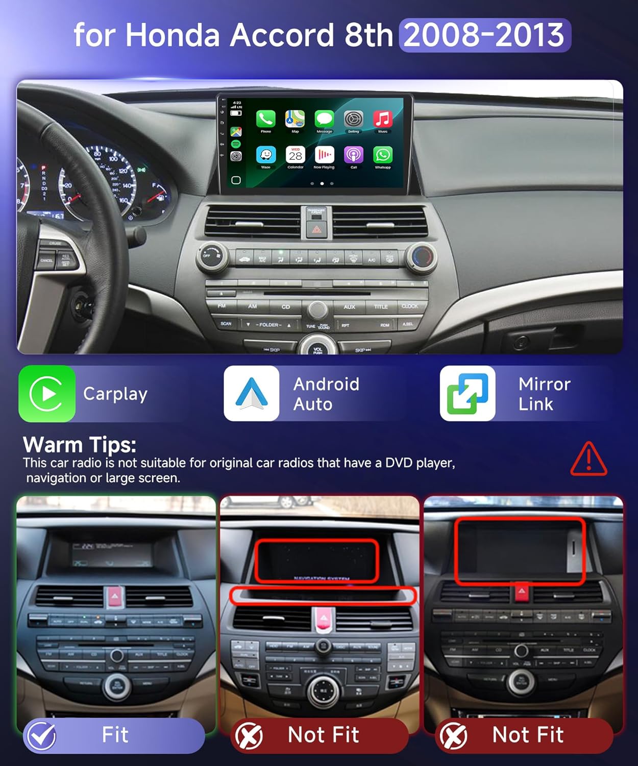 4G+64G Car Radio Stereo for Honda Accord 8th 2008-2013, 10.1inch IPS Touch Screen/Android 15/Wireless CarPlay/Android Auto/DSP 32 EQ/GPS/WiFi/5.0Bluetooth/FM/RDS/SWC/AHD Backup Camera