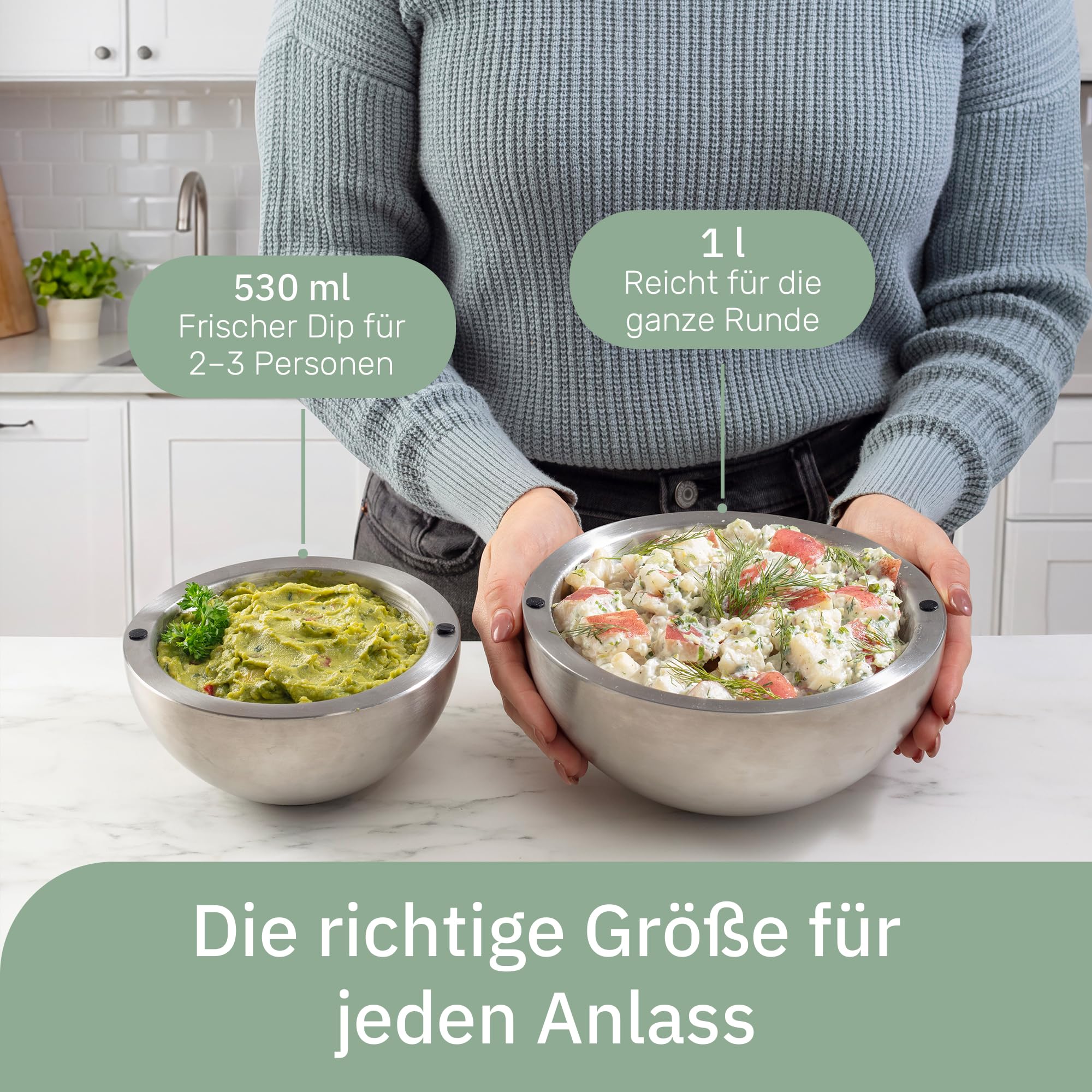 Useful Co. Dipschalen Set, Doppelwandige Isolierschüssel — Einfrieren für kalte Dips, Heißes Wasser für warme Speisen, Snackteller & Salad Bowl, Edelstahl, 530 ml & 1 l (2er-Set)