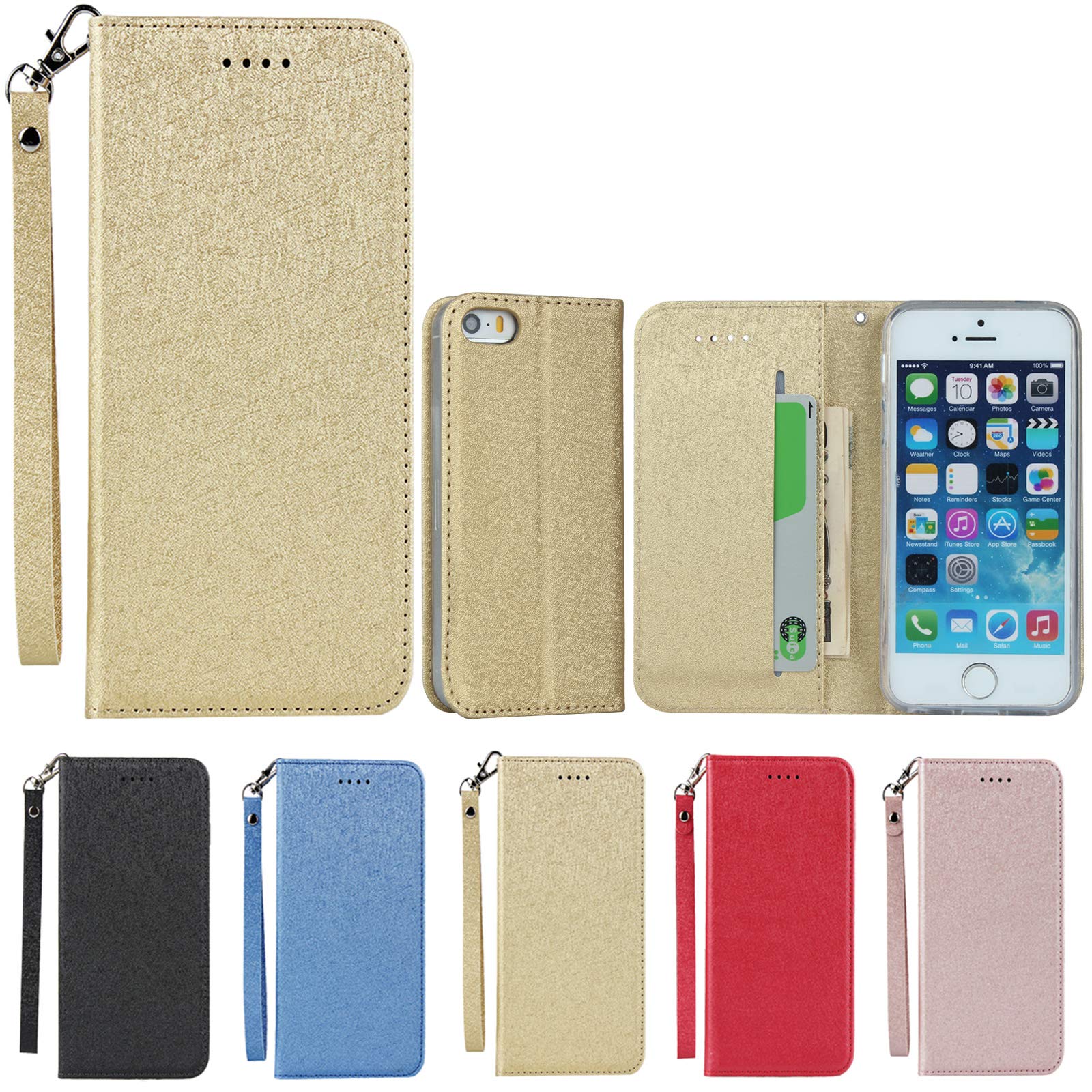 Eastwave iPhone SE 第1世代 ケース iPhoneSE(2016)iPhone 5 iPhone 5s 通用 ケース Case  手帳型 ストラップ付き 高質PU皮革 明るい色 内蔵マグネット 携帯カバー カードポケット スタンド機能 ゴールド