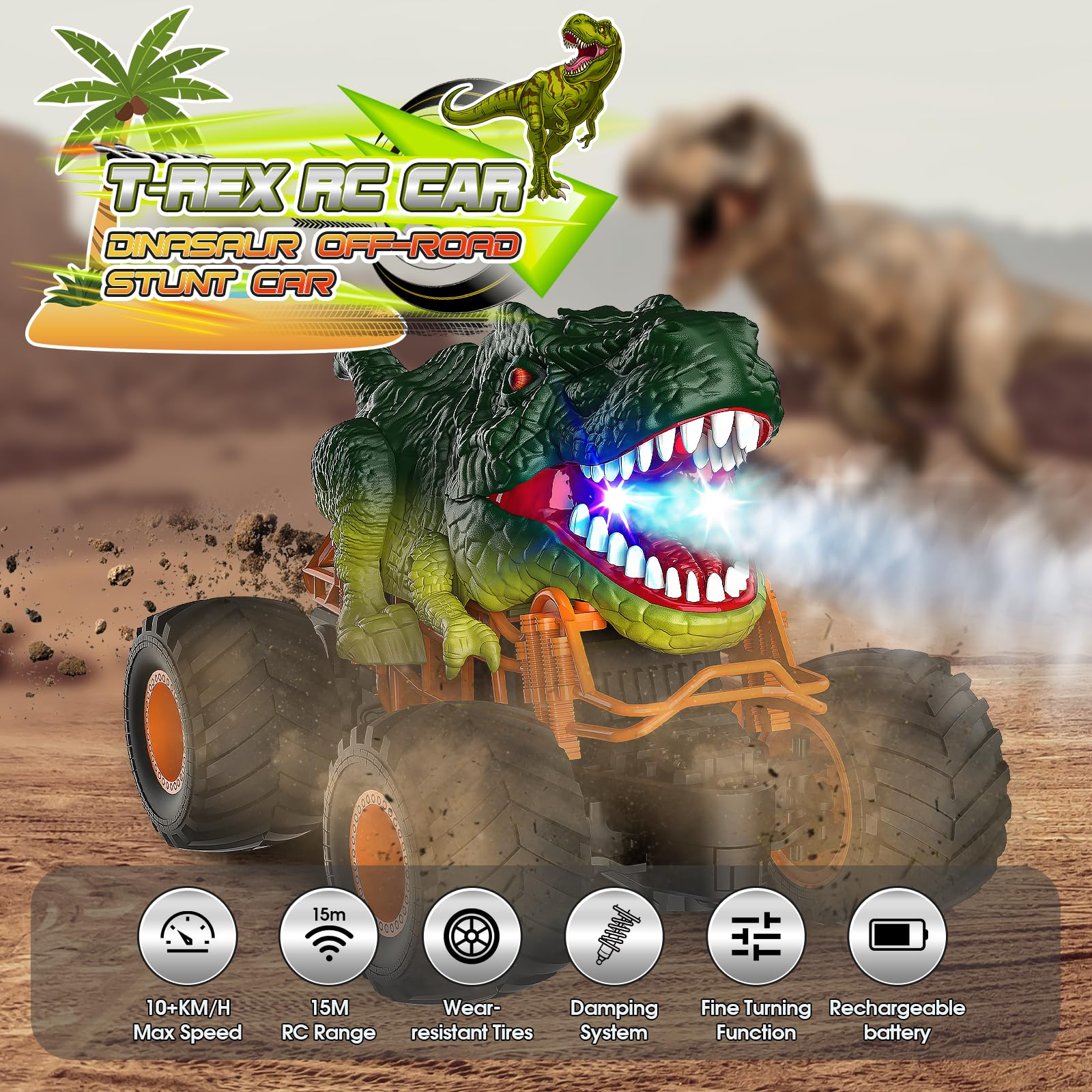 HappyGoLucky Macchina Telecomandata, Dinosauri per Bambini Giochi 3-10 Anni Regalo Bambino Giocattoli 4-12 Anni Giochi Bambin Monster Truck Macchinine