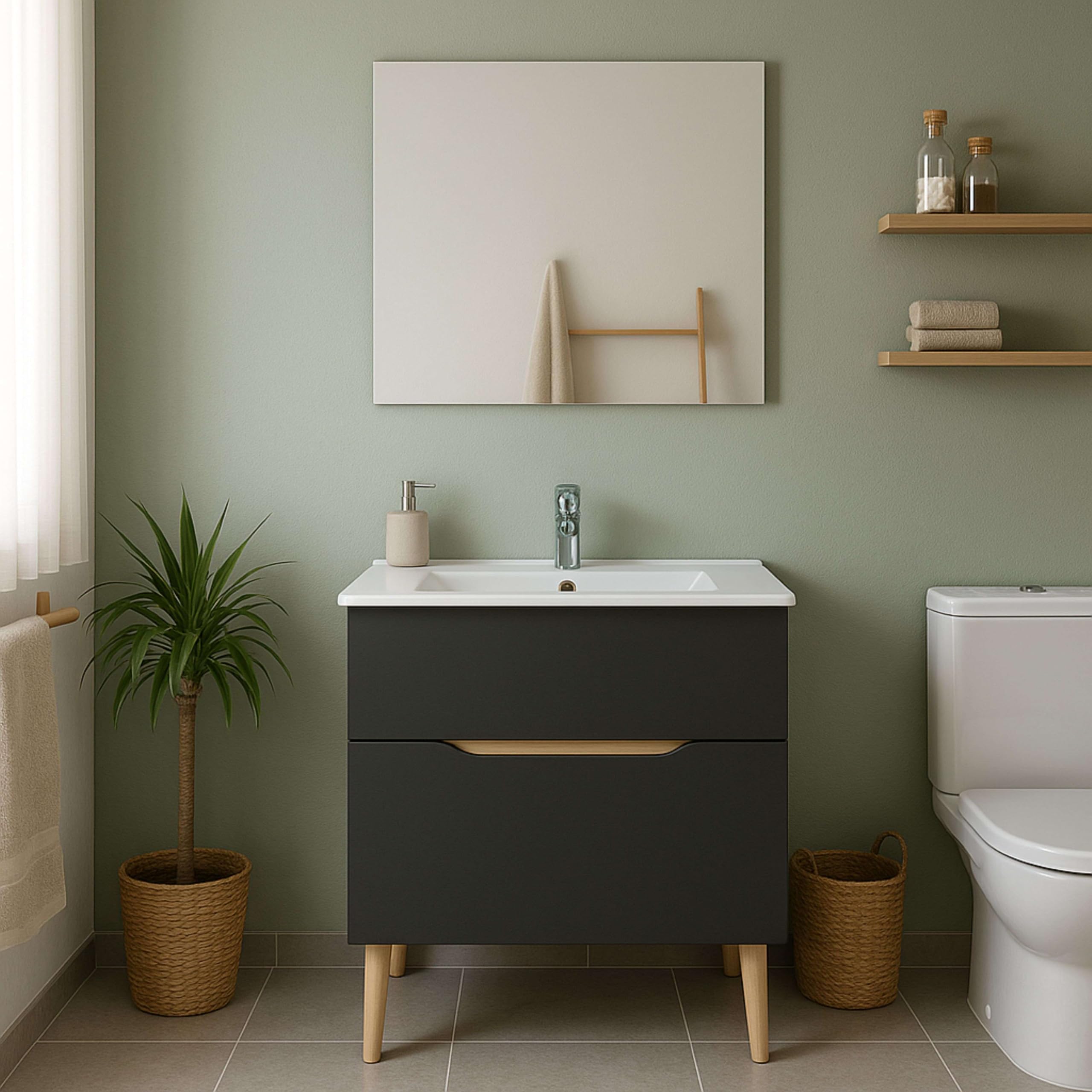 Miroytengo Mueble de Baño con Espejo y Lavabo Lotto Color Gris Antracita y Roble Claro 80x45x80 cm