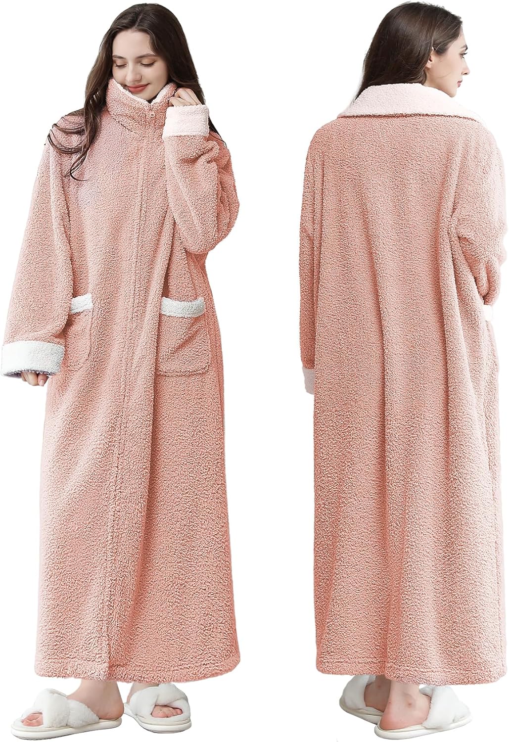 Oksun Womens Long Zipper Robe: Full Length Soft Fleece Warm Bathrobe - Cozy Fuzzy Winter Housecoat Plus Size