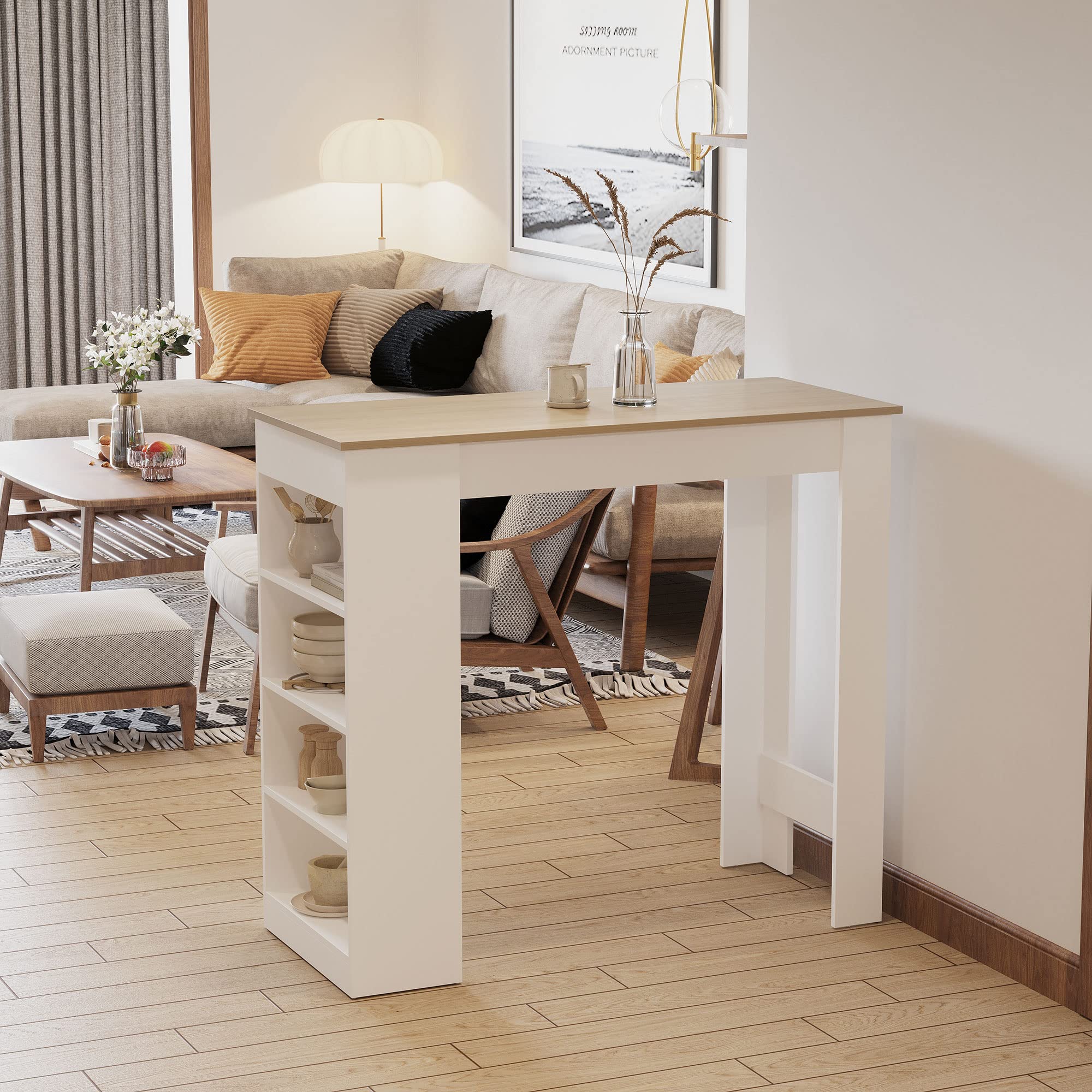 HOMCOM Mesa de bar pour 2 personas, mesa de alta costura debout avec 4 étagères ouvertes, pour petits espaces, cocina, sala de estar, 115 x 50 x 102,7 cm, estilo moderno, blanc et bois naturel