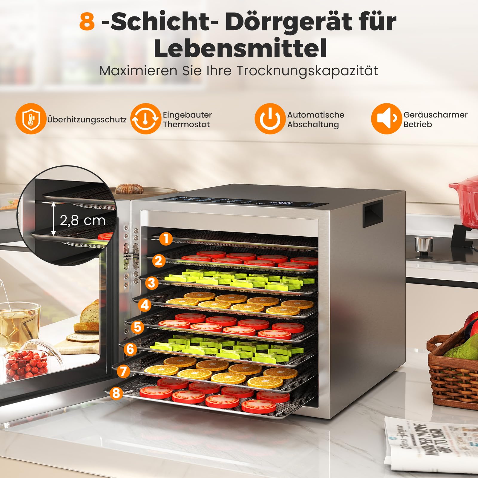 COSTWAY Suszarka 850 W z 8 wkładanymi półkami, urządzenie do suszenia z timerem 48 h i regulatorem temperatury 35℃-75°C, osuszacz do owoców, do żywności, mięsa, owoców