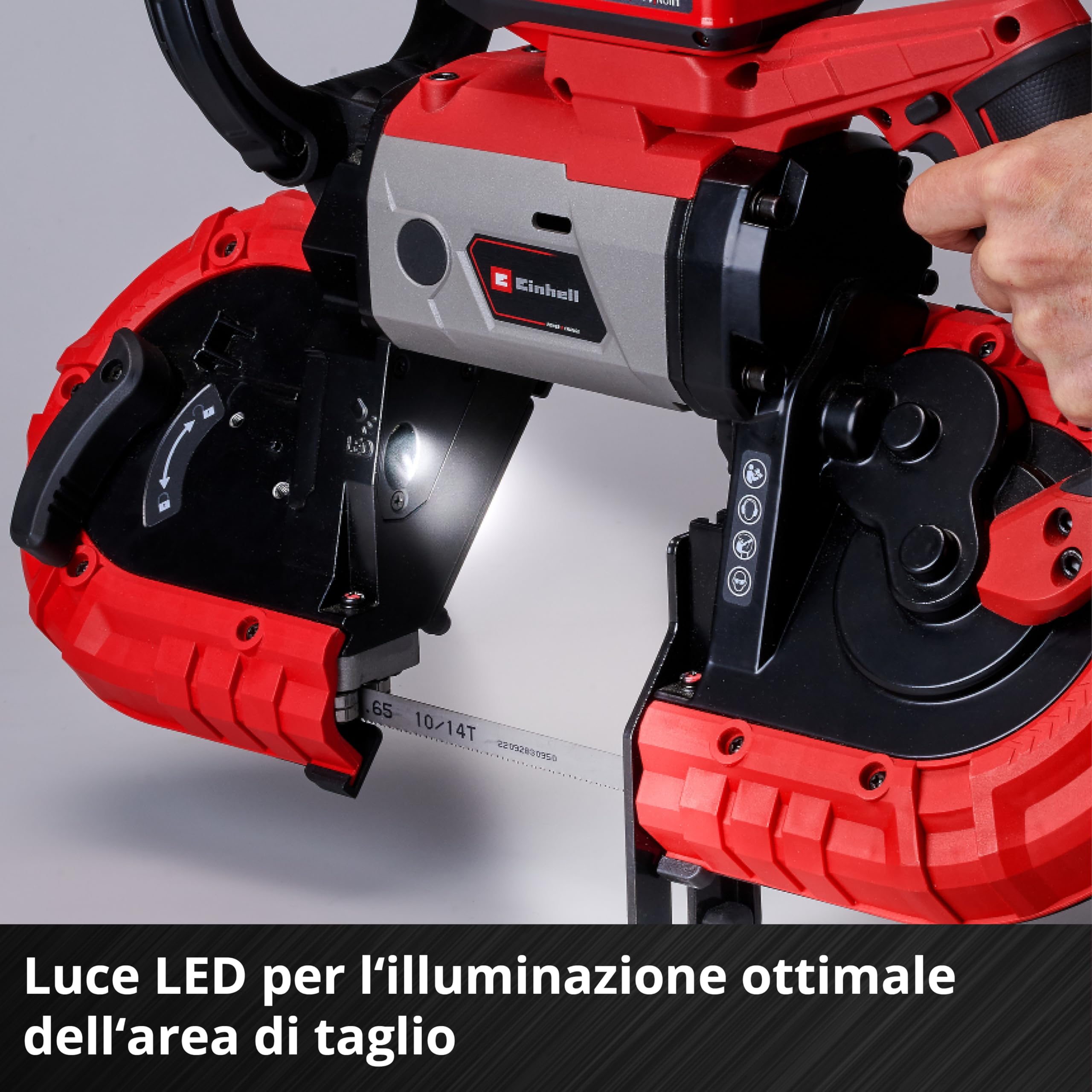 Einhell sega a nastro a batteria TE-MB 18/127 Li-Solo Power X-Change (18 V, altezza di taglio 115 mm, larghezza di taglio 127 mm, luce LED, incl. 2 lame sega a nastro per metallo, senza batteria)