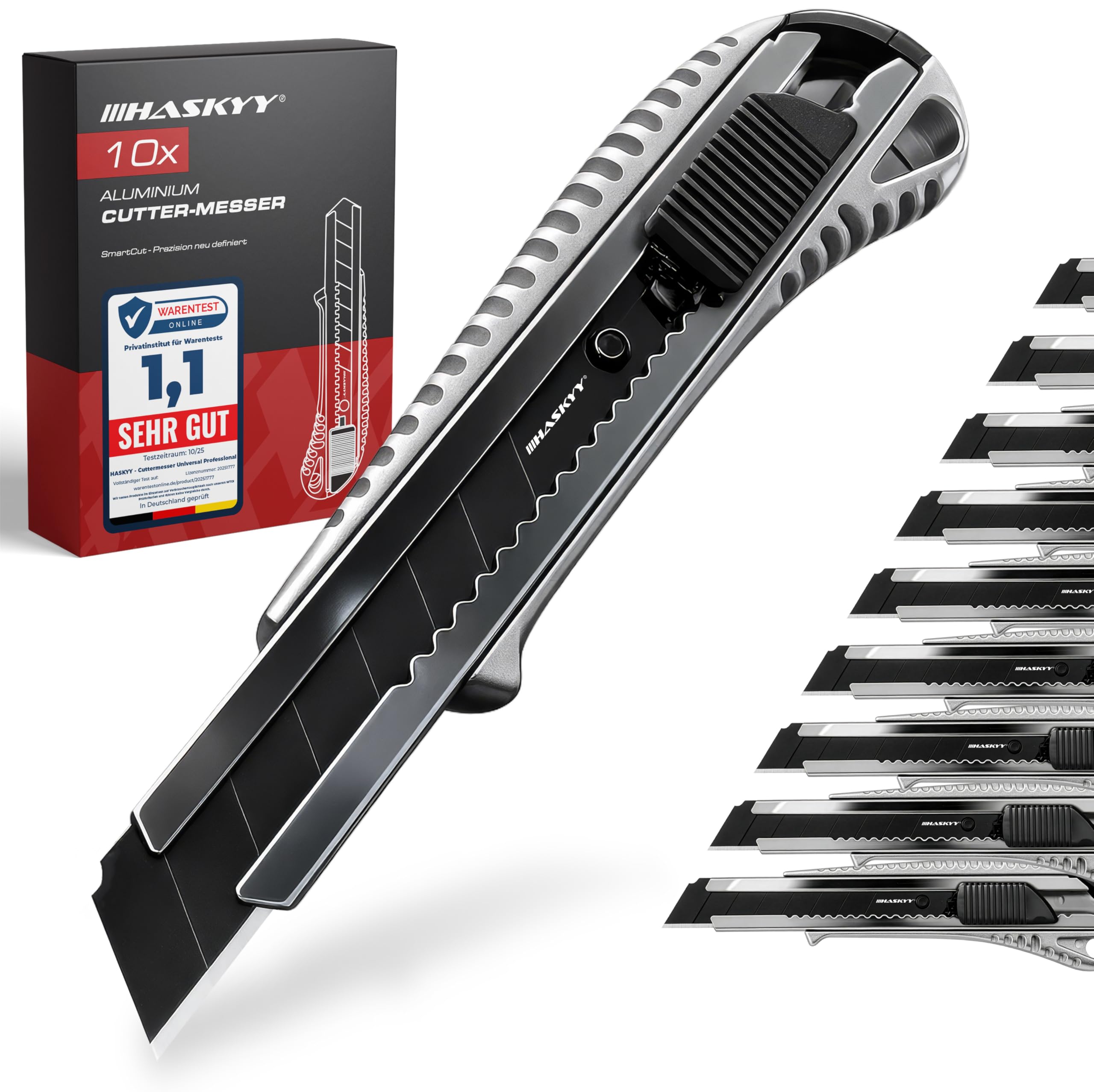 HASKYY Cuttermesser Teppichmesser Cutter Set 18mm 10 Stück SK5-Hochkarbonstahl extra scharf, Ergonomischer Alu-Körper & Gummigriffzone, Integrierter Klingenbrecher