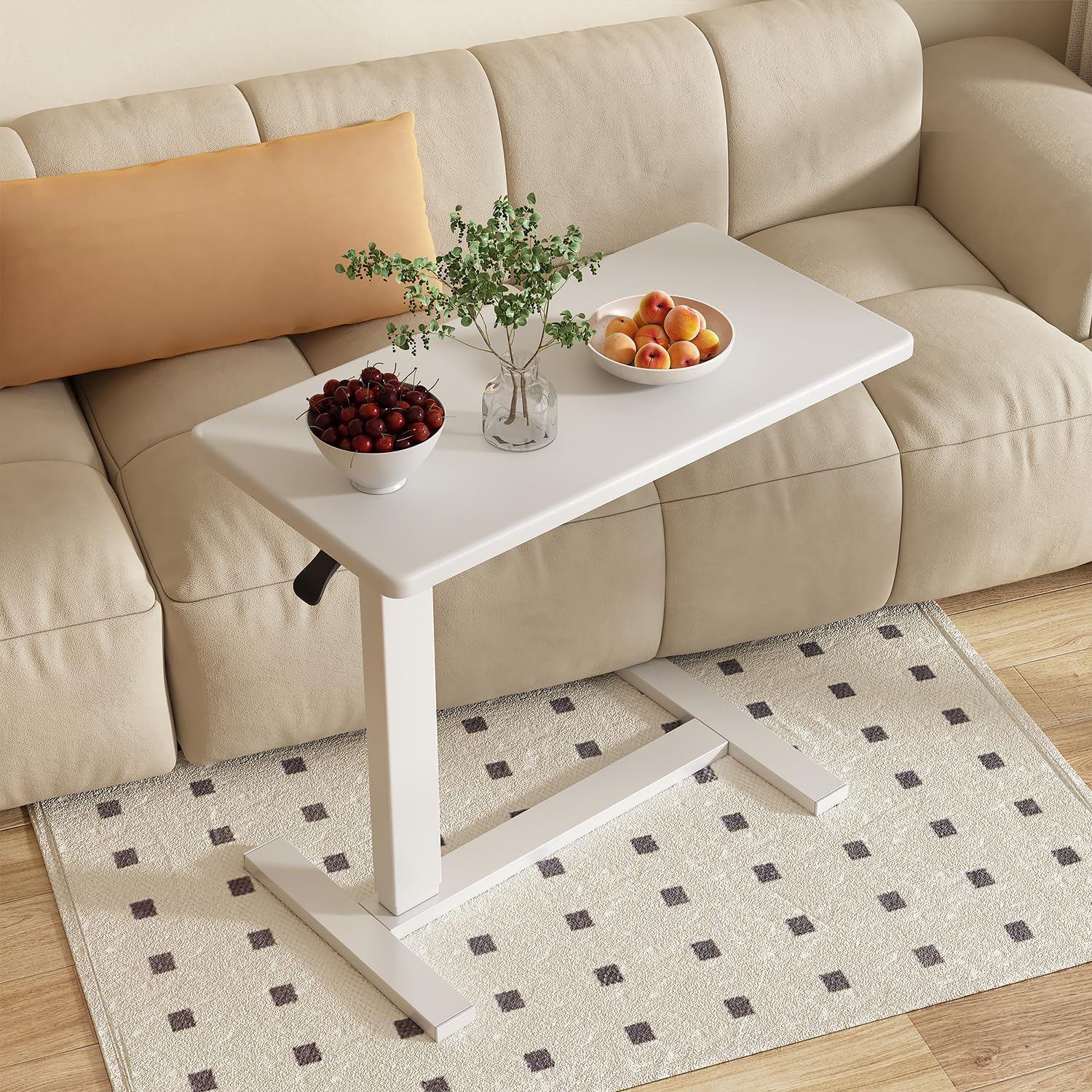 Overbed Bedside Table with Wheels Adjustable Mobile Standing Laptop Desk Rolling Laptop Table Computer Cart Movable Hospital Bedside Desk Home Use Bed L-Shaped Steel Base Tray Tables (White)