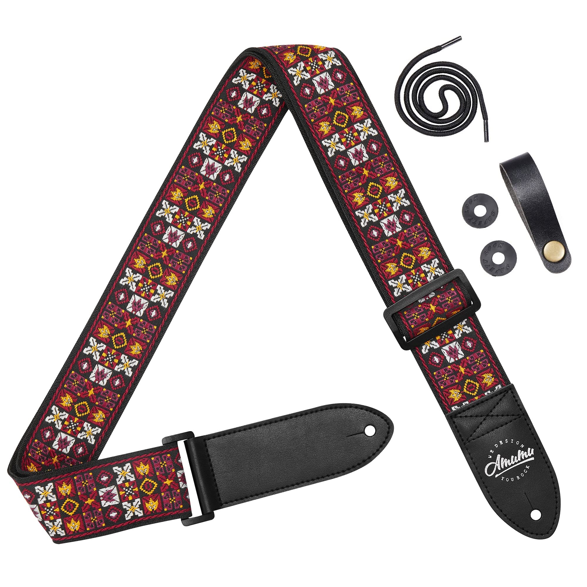 Amumu Unisex Red Vintage Jacquard Guitar Strap, Multicolor For Acoustic, Electric And Bass Guitar, Includes Strap Blocks And Headstock Tie