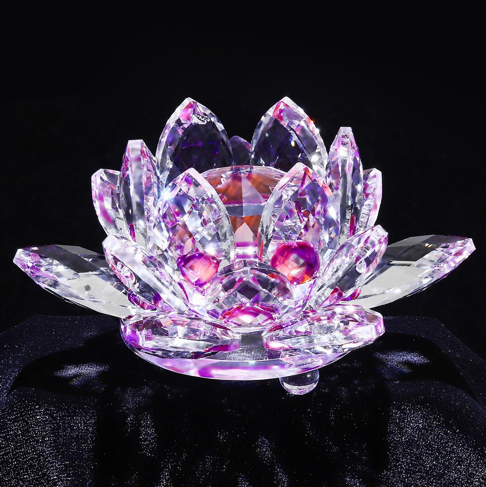 Sparkle Crystal Lotus Flower - 4'' Hue Reflection Clear Crystal Lotus for Feng Shui Home Decor Sun Catcher Ornaments or Paper Weight with Gift Box (100MM) Transparent Purple