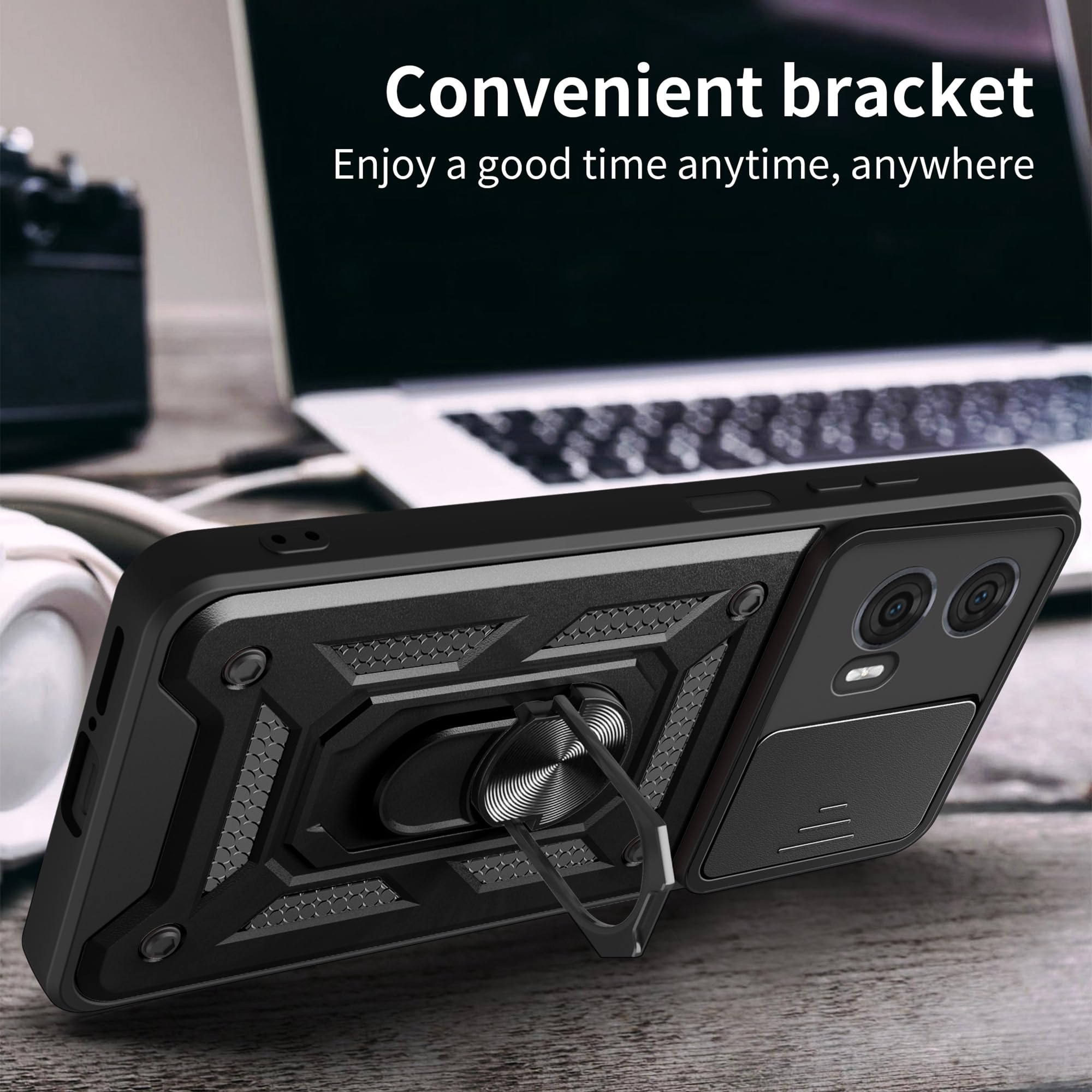 KUSINHOKA Case For Motorola Moto Edge 50 Fusion 5G 1 Pack Screen With Slide Camera Protection Cover,Magnetic Metal Ring Kickstand Shockproof Military Grade Heavy Duty Tough Cover,Blak