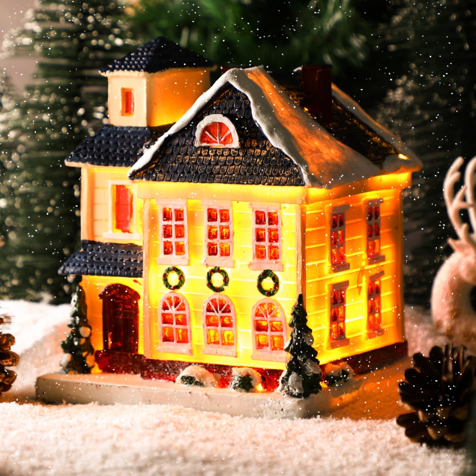 Large Christmas Village Houses with Warm Light Battery Operate Lighted Christmas Town Village Accessories Resin Snow Town Building Home Tabletop Decoration Xmas Gifts(Classic Style)