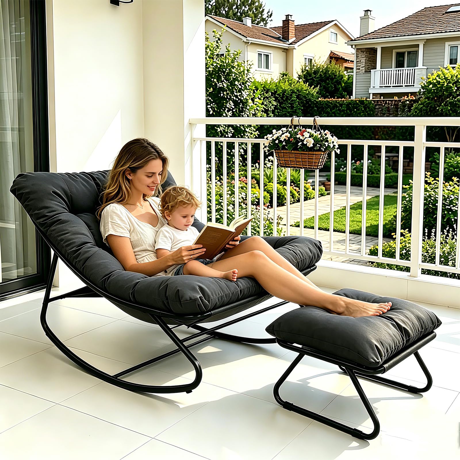 Schaukelstuhl mit Hocker, Schaukelsessel, Schaukelstuhl Wohnzimmer, Relaxstuhl Lesesessel mit Gepolsterter, Outdoor Lounge Sessel, bis 150 kg, für Balkon, Garten (Grau, 100T x 77B x 70H cm)