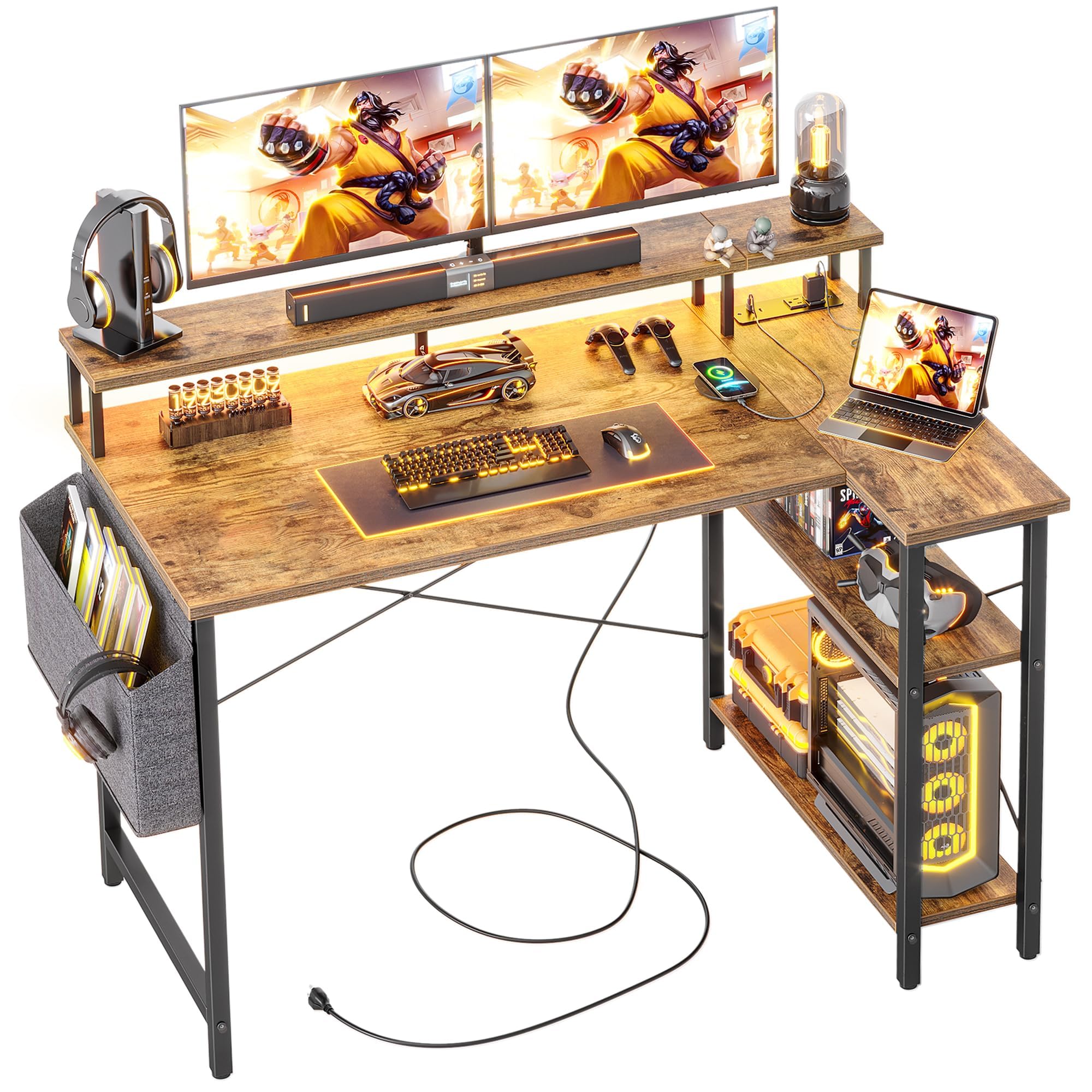 BEXEVUE Scrivania Angolo con LED Ciabatta - 120x70cm Grande Tavolino Computer Forma L Ripiani Portaoggetti, Scrivania Angolare Reversibile Gaming Informatica, Studio Gioco Lavoro Casa Camera da Letto