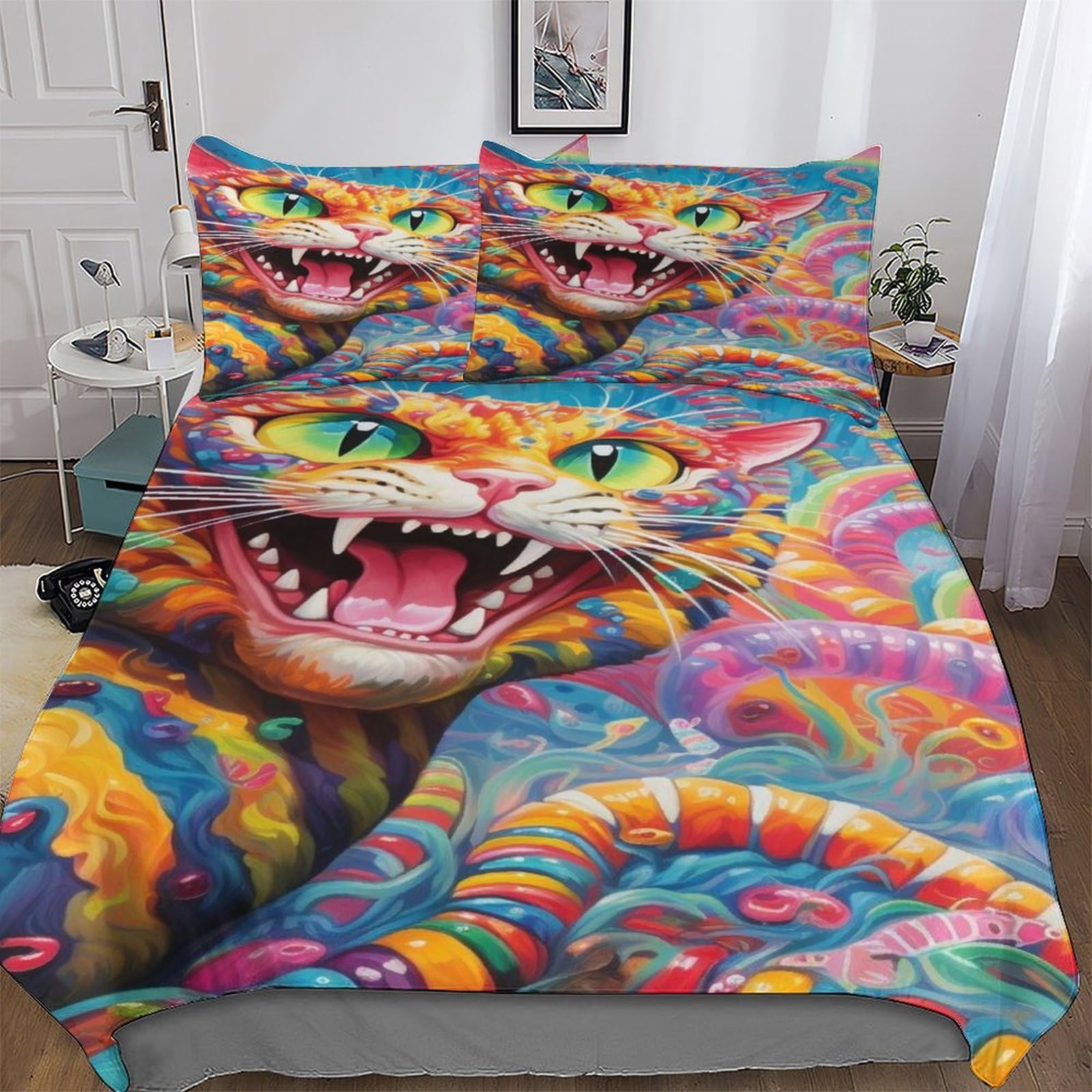 Housse de couette chat 200x200 cm en microfibre hypoallergénique avec fermeture éclair et taie