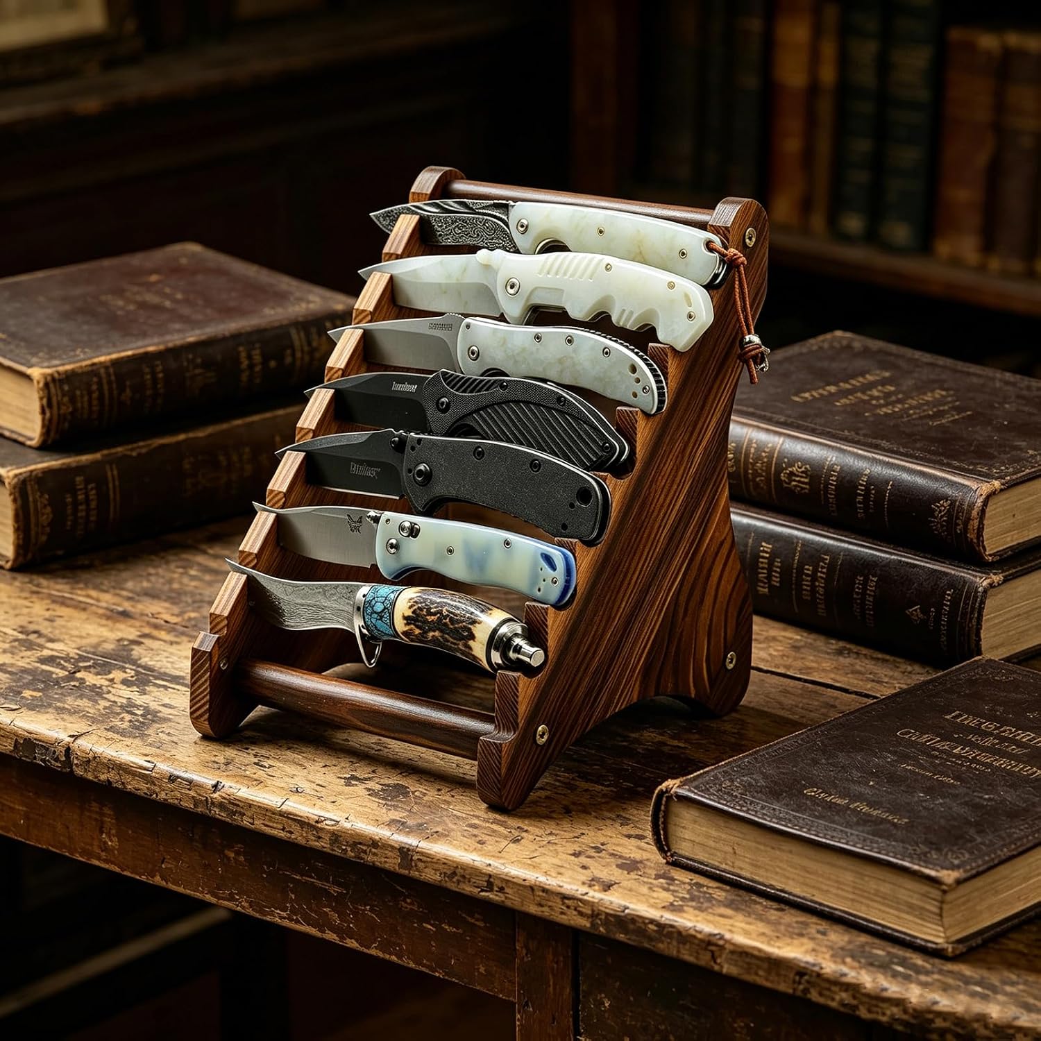 Wooden Knife Display Stand, 8 Slots Fixed Blade Knife Holder, Rustic Wood Knife Collection Display Case for Folding Knife Pocket Knife Hunting Knife Storage Organizer