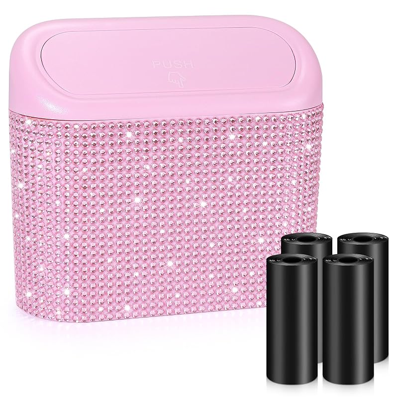 Lixeira Automotiva Rosa com Tampa e Detalhes em Strass Accmor, 1,9 L, com 60 Sacos