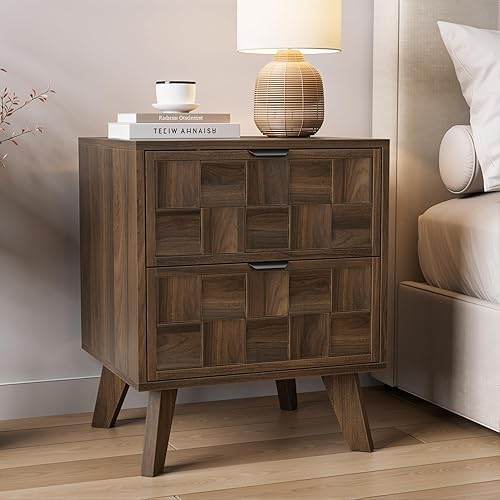 Smuxee Walnut Wooden Nightstand with 2 Drawers, Mid Century Night
