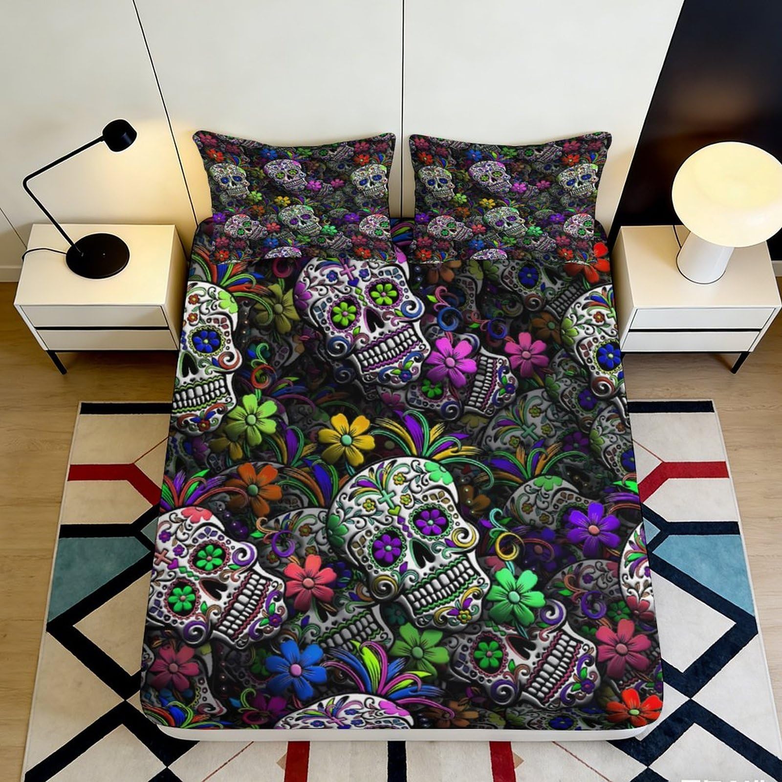 3D Printed Colorful Sugar Skull Fitted Sheet Microfiber Soft Breathable Floral Bed Sheet for Bedroom Guestroom Decor 90x200x25cm
