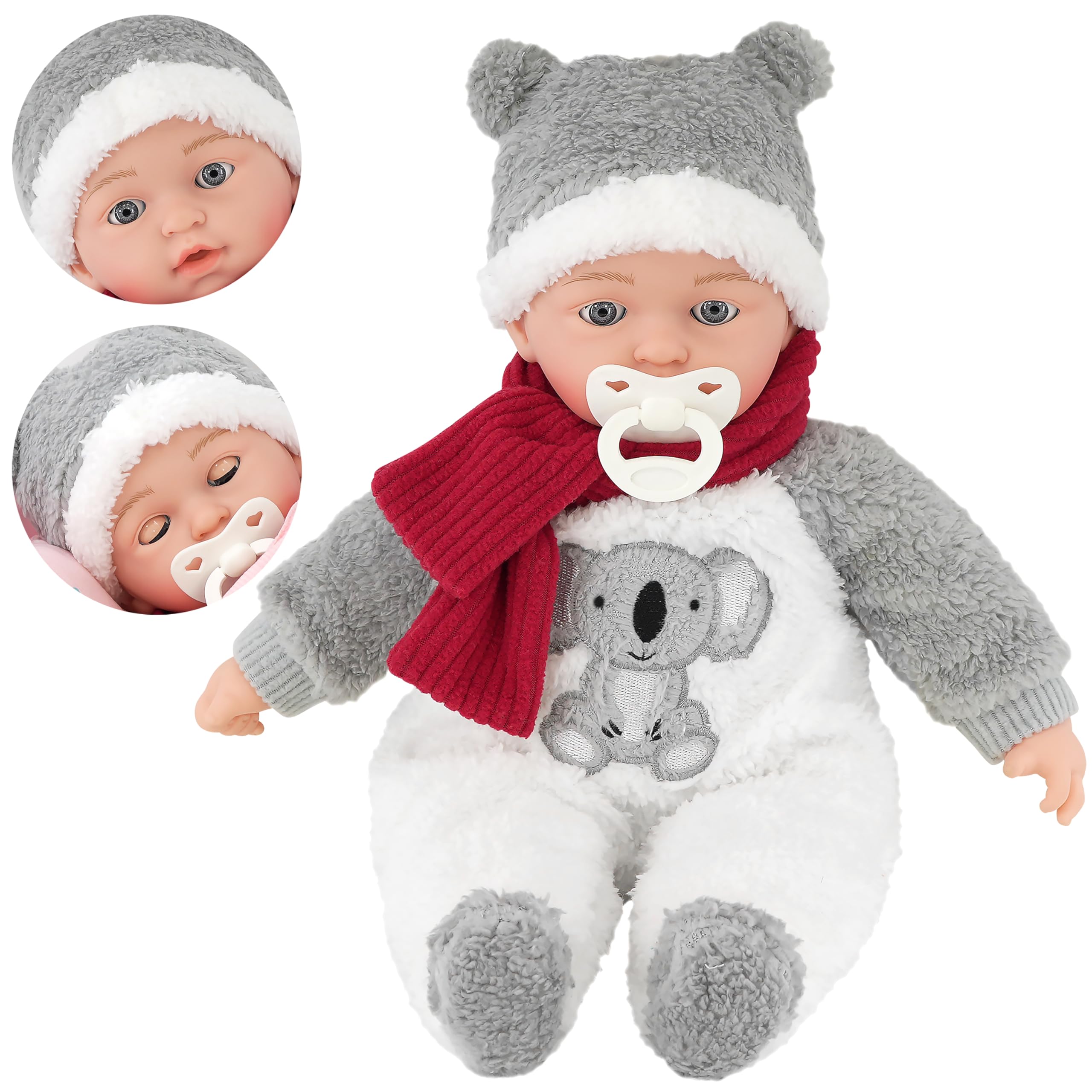 Bibi Doll - 16" Sleeping Baby Doll with Soft Body, Closing and Opening Eyes, Sounds, Dummy and Fluffy Koala Outfit with Hat and Scarf, Doll for Kids Ages 18 Months +