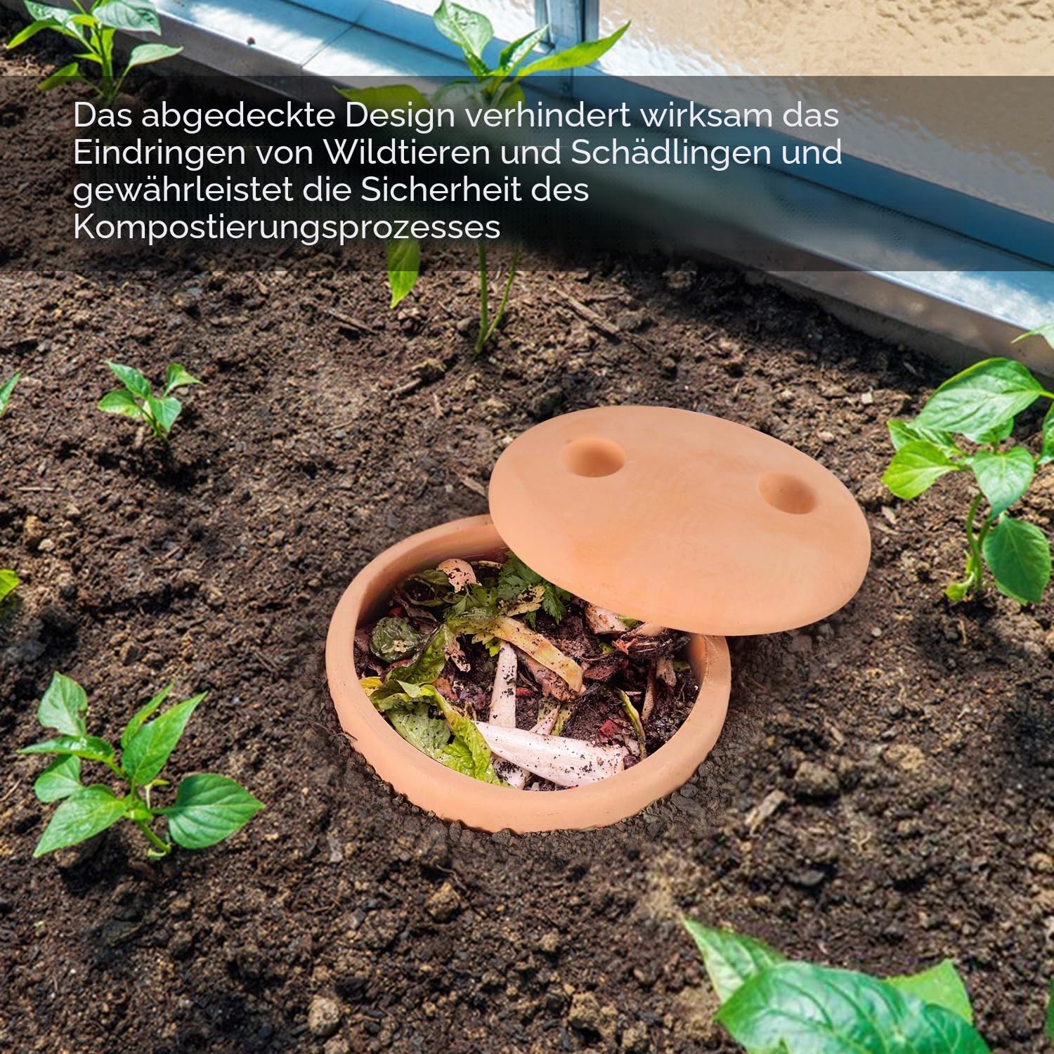 Unterirdischer Komposteimer, 25,4 x 10,4 x 10,4 cm, Garten, Wurmfarm, Outdoor, für Bio-Müll, rote Keramik, Kompostbehälter mit Löchern und Deckel, Ton für den Garten, 25,4 x 10,4 x 10,4 cm