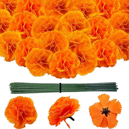 Beau Jour 100 cabezas de flores de caléndula con tallos florales, flores artificiales de seda naranja para Diwali Día de los Muertos DIY guirnalda