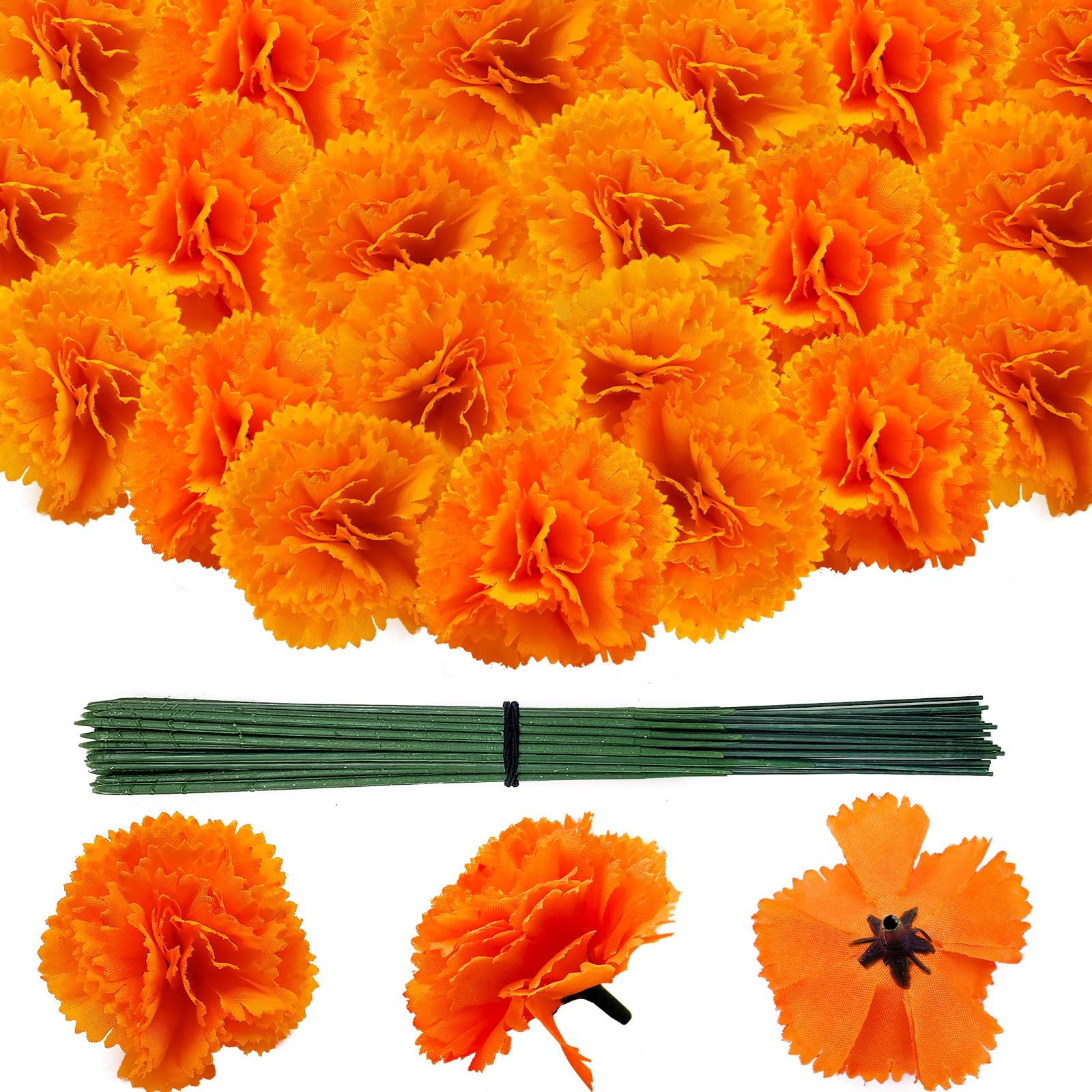 Beau Jour 100 Pcs Marigold Flowers Heads with Floral Stems, Silk Orange Artificial Flowers for Diwali Day of The Dead DIY Marigold Garland Wreath Decor (100)