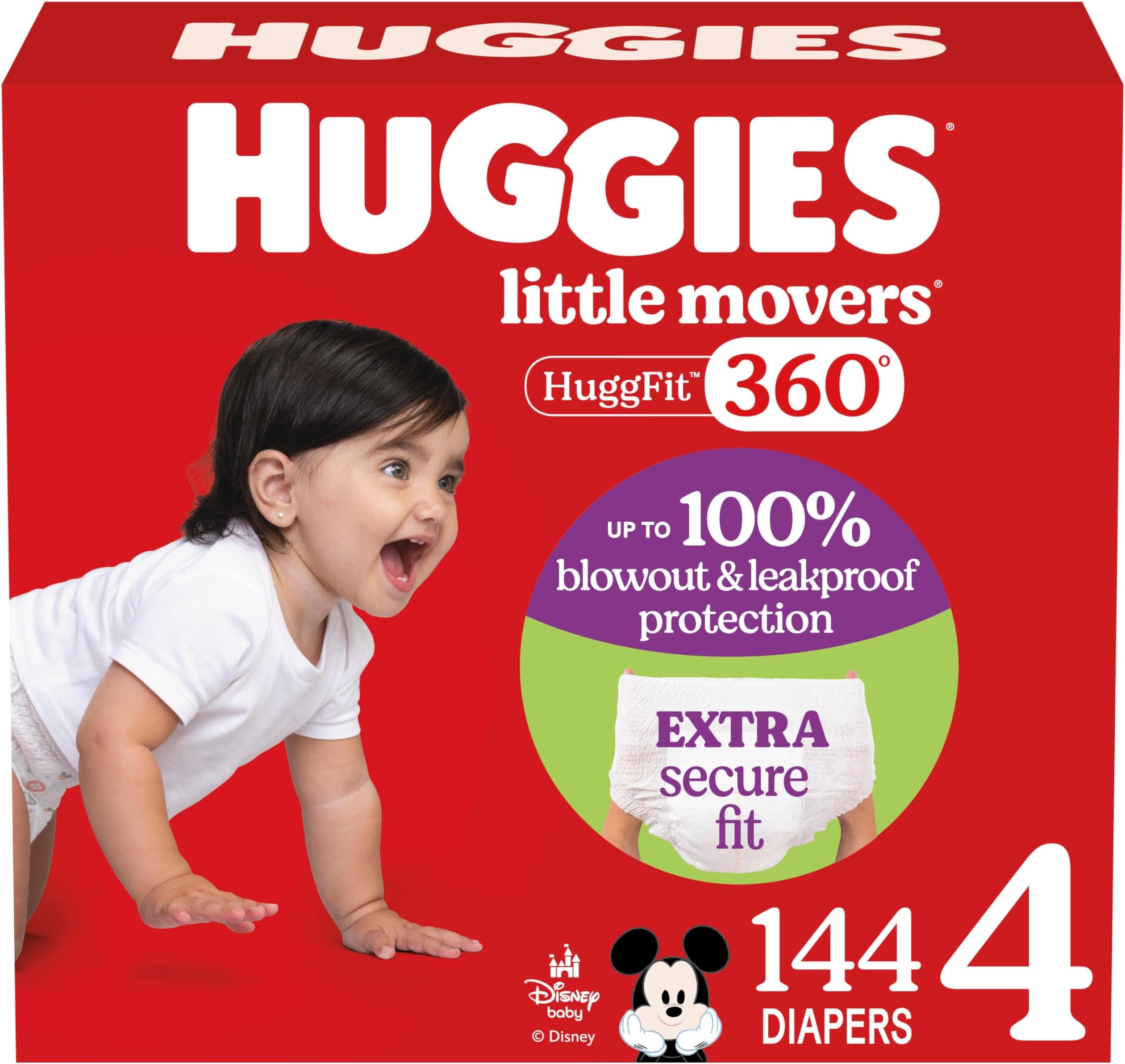 Huggies Size 4 Baby Diapers, Little Movers HuggFit 360° Baby Diapers with 360° Waistband, Size 4 (22-37 lbs), 144 Count (4 Packs of 36), Packaging May Vary