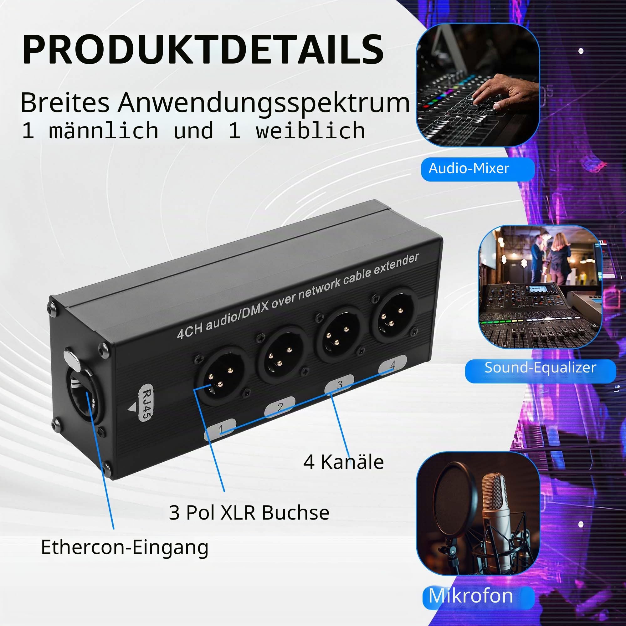 GINTOOYUN 2PCS 4-Kanal DMX XLR zu Ethernet Extender Male zu RJ45 Ethercon Kabel Multi Extender für Bühnenbeleuchtung und Home Recording Studio kompatibel