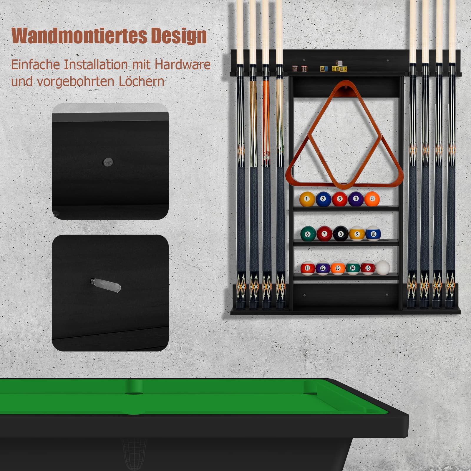 GYMAX Billard Queue Halter für 8 Queues & Billardzubehör, Wandmontierter Queueständer, Billard Queue Halterung aus Kiefernholz, für Billardzimmer & Club, 79 x 8 x 91 cm (Schwarz)