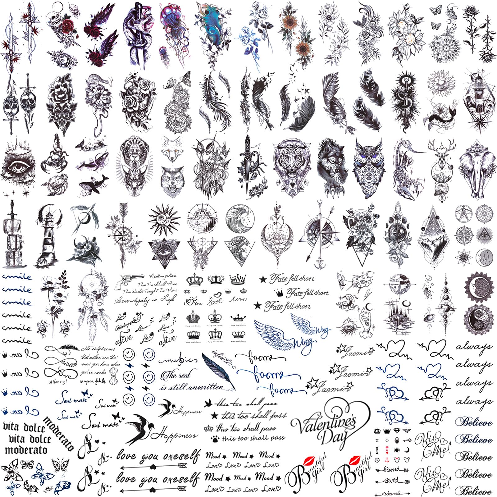 Koogel 90PCS Realistic Temporary Tattoos, Body Fake Tattoo Stickers Semi Permanent Tattoo Sheets for Men Women Party Music Festival