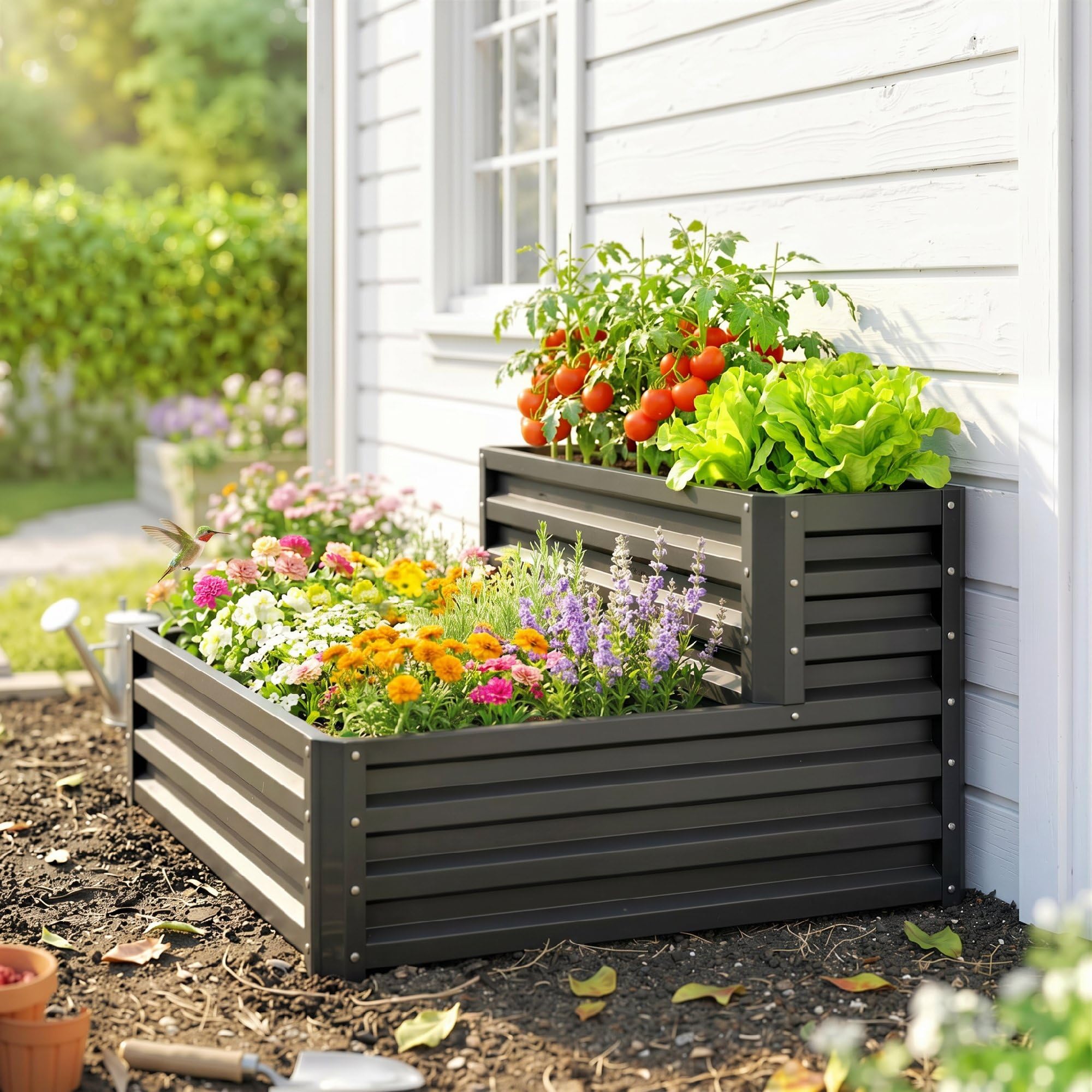 Outsunny Carré Potager de Jardin jardinière en Acier galvanisé lit de Jardin surélevé Fond Ouvert 2 étages pour Herbes légumes Fruits Fleurs 120 x 101 x 58 cm Gris foncé