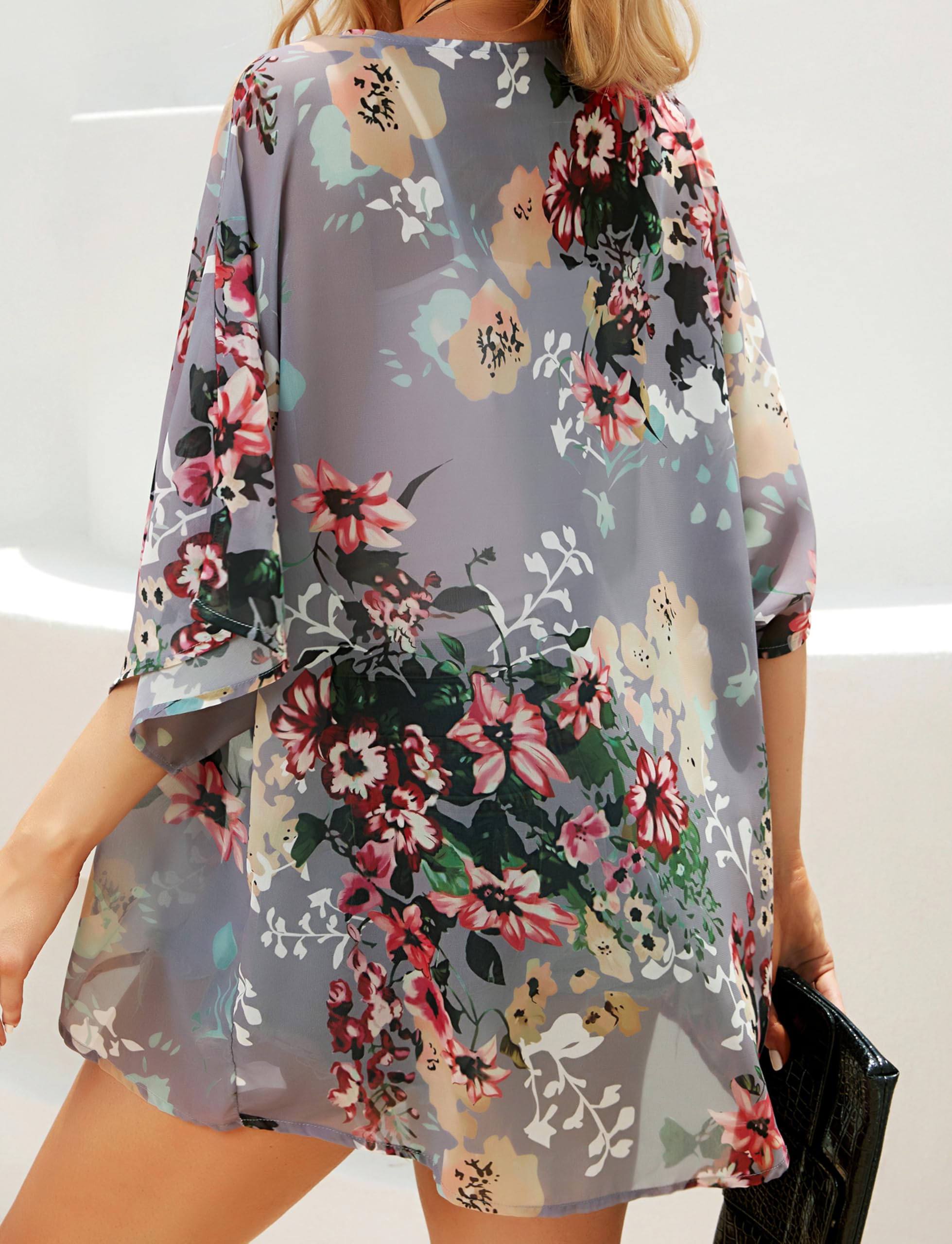 Women's Floral Print Puff Sleeve Kimono Cardigan Loose Cover Up Casual Blouse Tops - Image 6