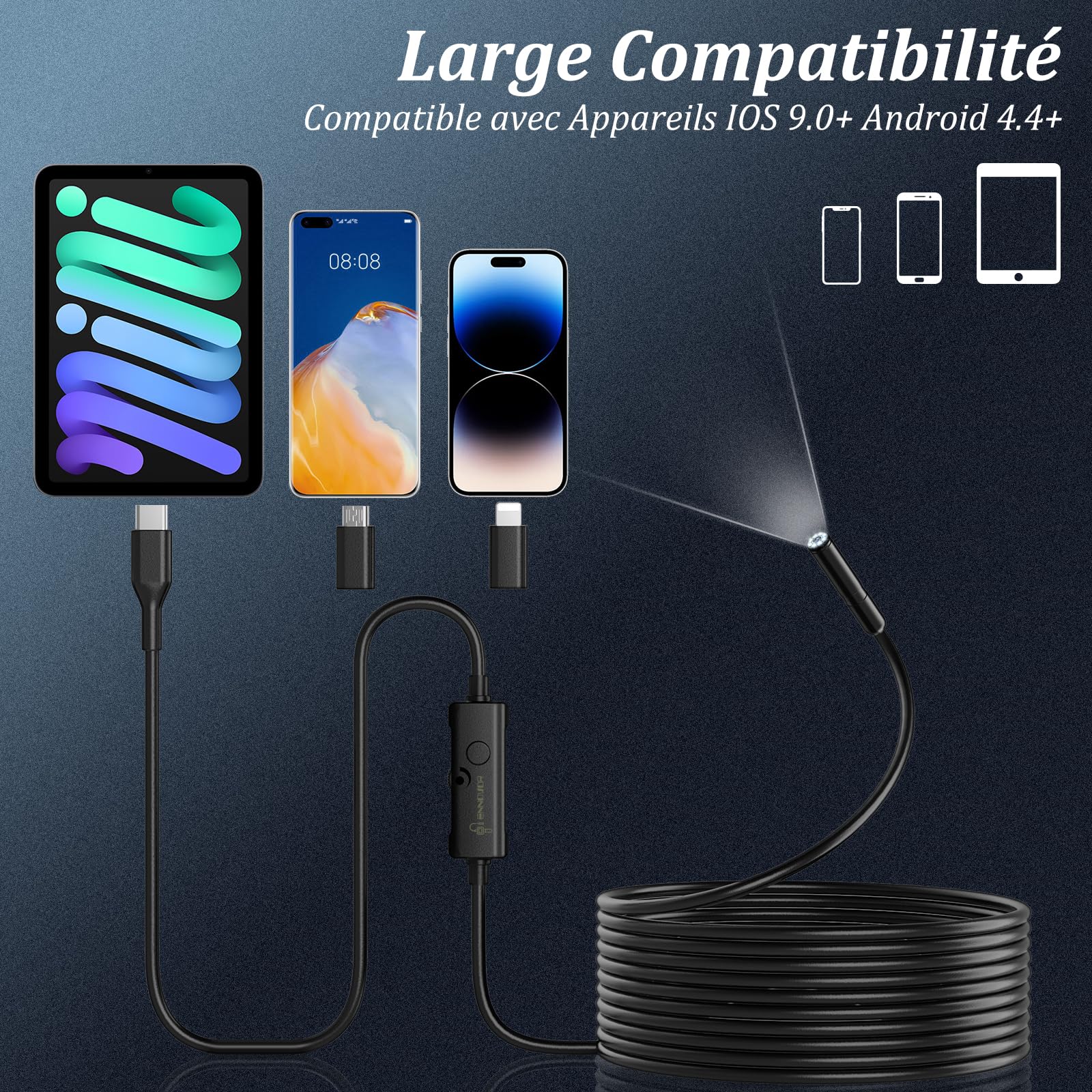 Camera Endoscopique D'inspection 1920P HD Serpent, Caméra de Type C avec 8 lumières LED, Pas de WiFi Camera Inspection Canalisation pour Smartphone Android et iOS, iPad (16,5 FT/5M)
