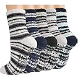 Fuzzy Socks Men with Grips, Winter Fluffy Slipper Socks Hospital Cozy Warm Non-slip Thick 5 Pairs