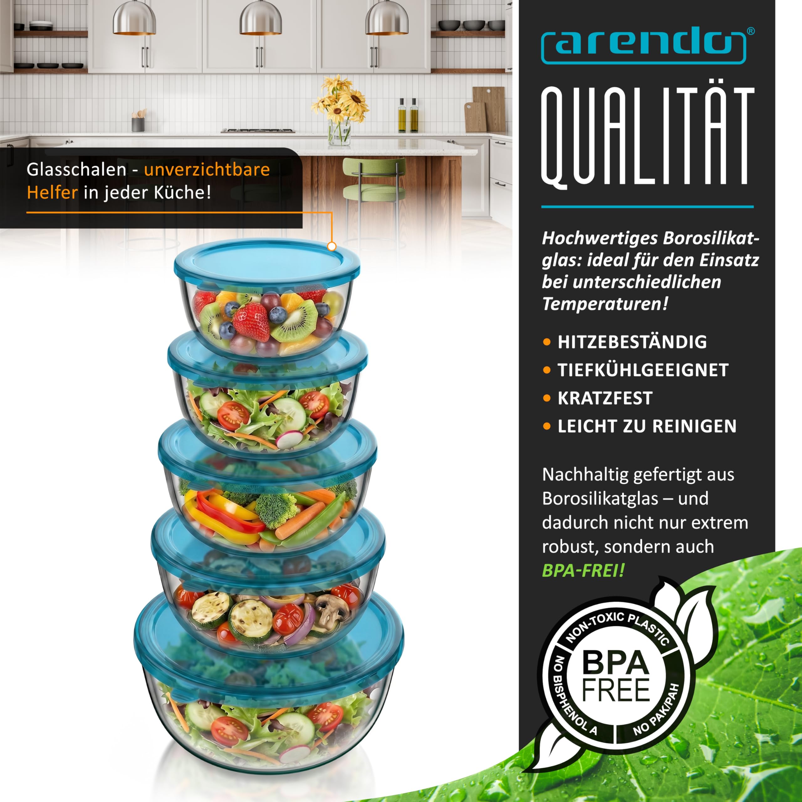 Arendo - Salatschüssel aus Glas mit Deckel - Glasschüssel 5er Set - 1000ml + 1500ml + 2000ml + 2700ml + 4400ml – Rührschüsseln klein bis groß – Borosilikatglas - Glasschale Salatglasschale