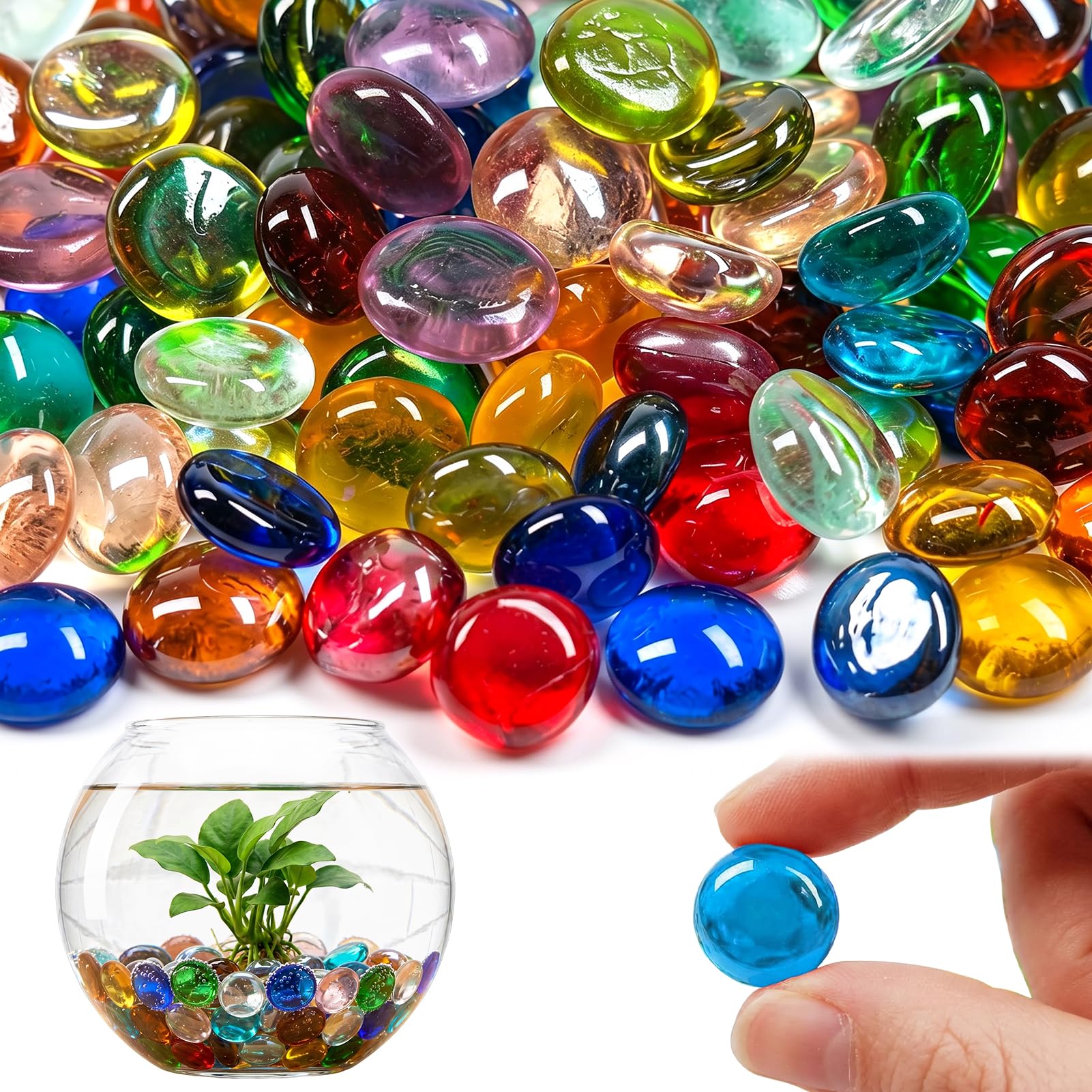 450g Glass Pebbles, Mixed Colour Decorative Stones for Garden & Vases
