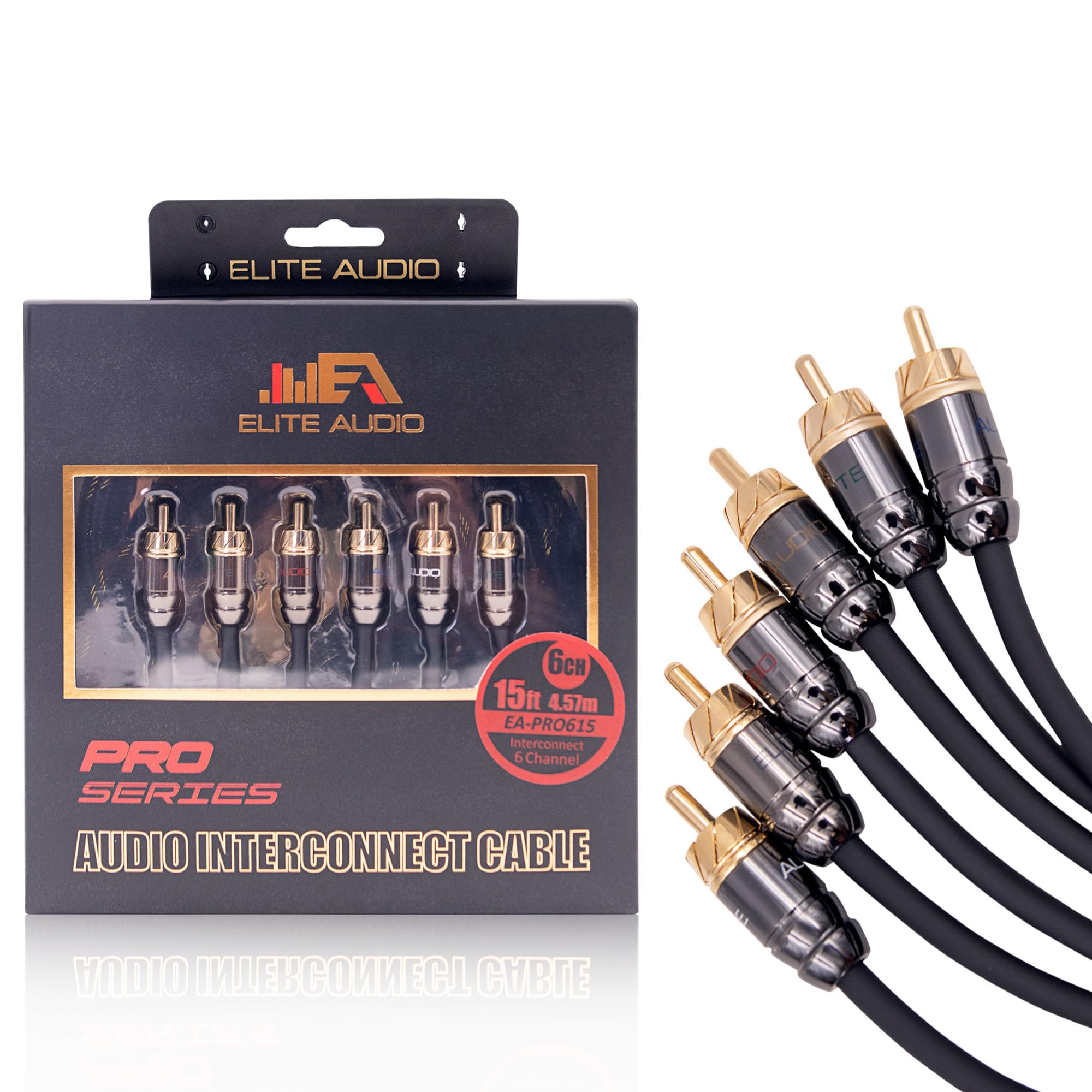 Elite Audio Pro Series 15ft. 6-Channel Car Audio RCA Cable - Triple Shielded, Brass Connectors, Oxygen Free Copper Noise Reducing Audio Cable for