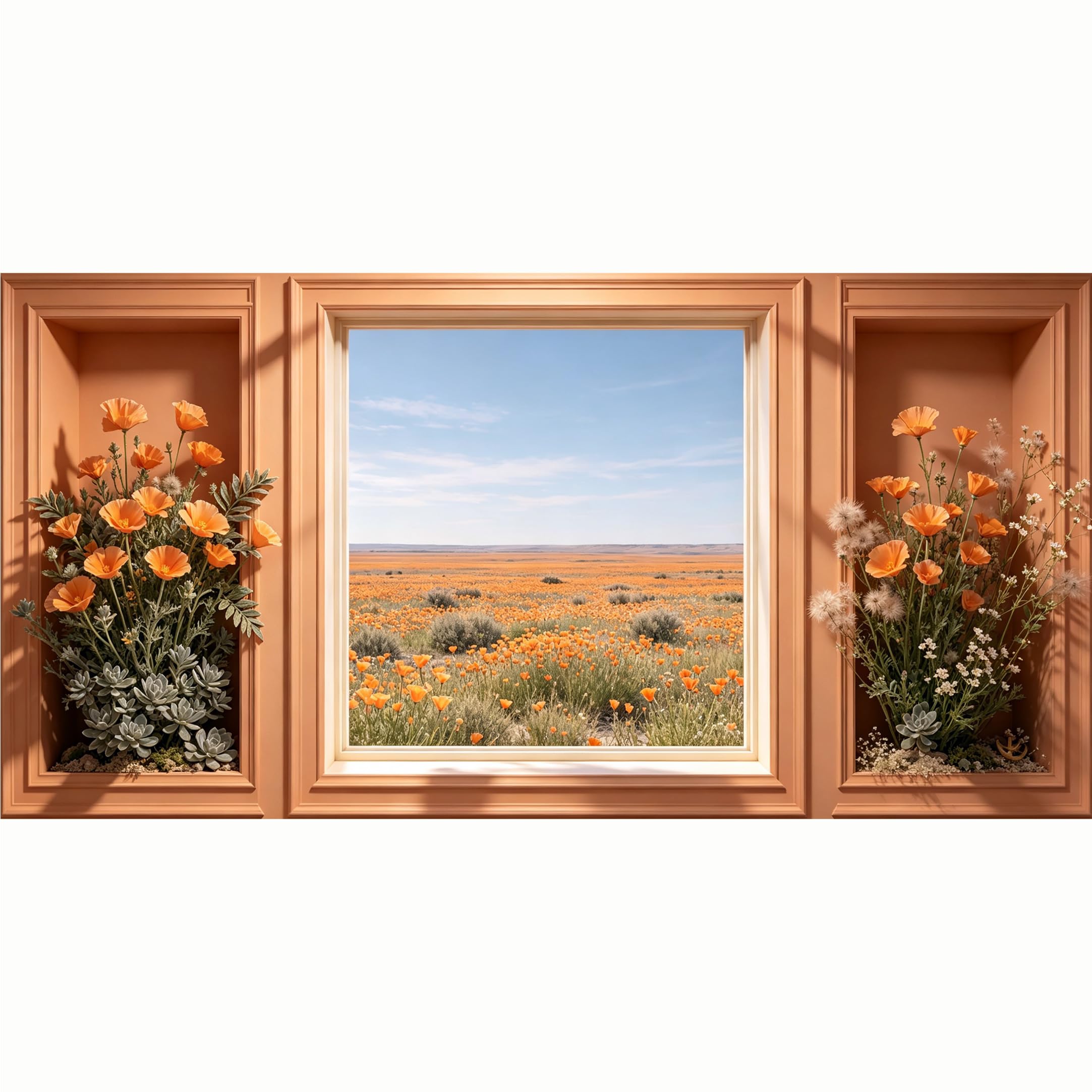 QZLITHOTIC 50x100cm 3D Framed Wall Art， Orange Wildflower Field Landscape 3D Trompe L'oeil Self‑Adhesive Mural， Water‑Activated Peel & Stick Fabric Decor Wall Decal for Bedroom Living Room