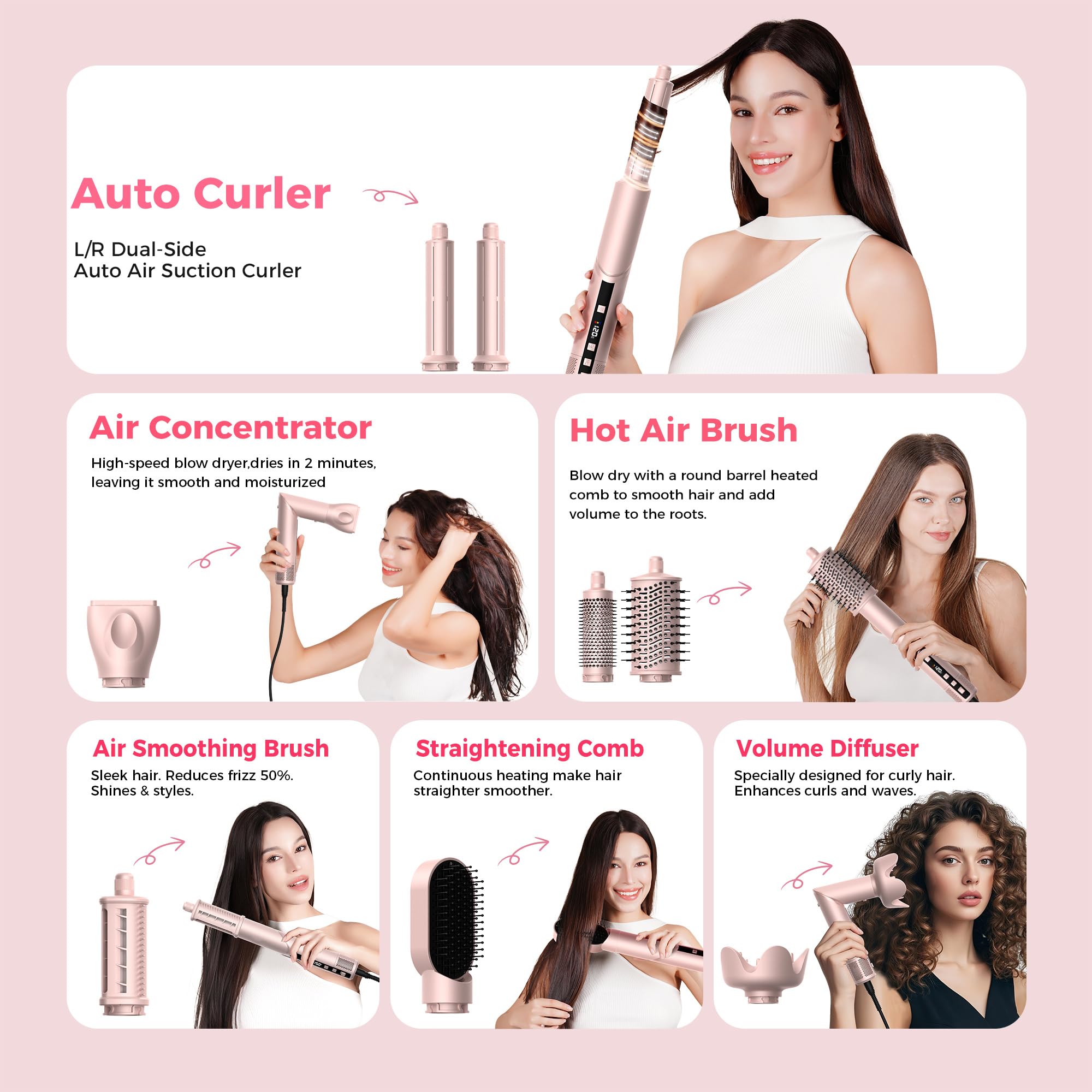 Pro Hairstyler 8 in 1 Set Asciugacapelli Agli Ioni 1400W con Diffusore | 110.000 Giri/min, con Ferro Arricciacapelli ad Aria da 32mm, Air Brush | Styling Rapido per Tutti i Tipi