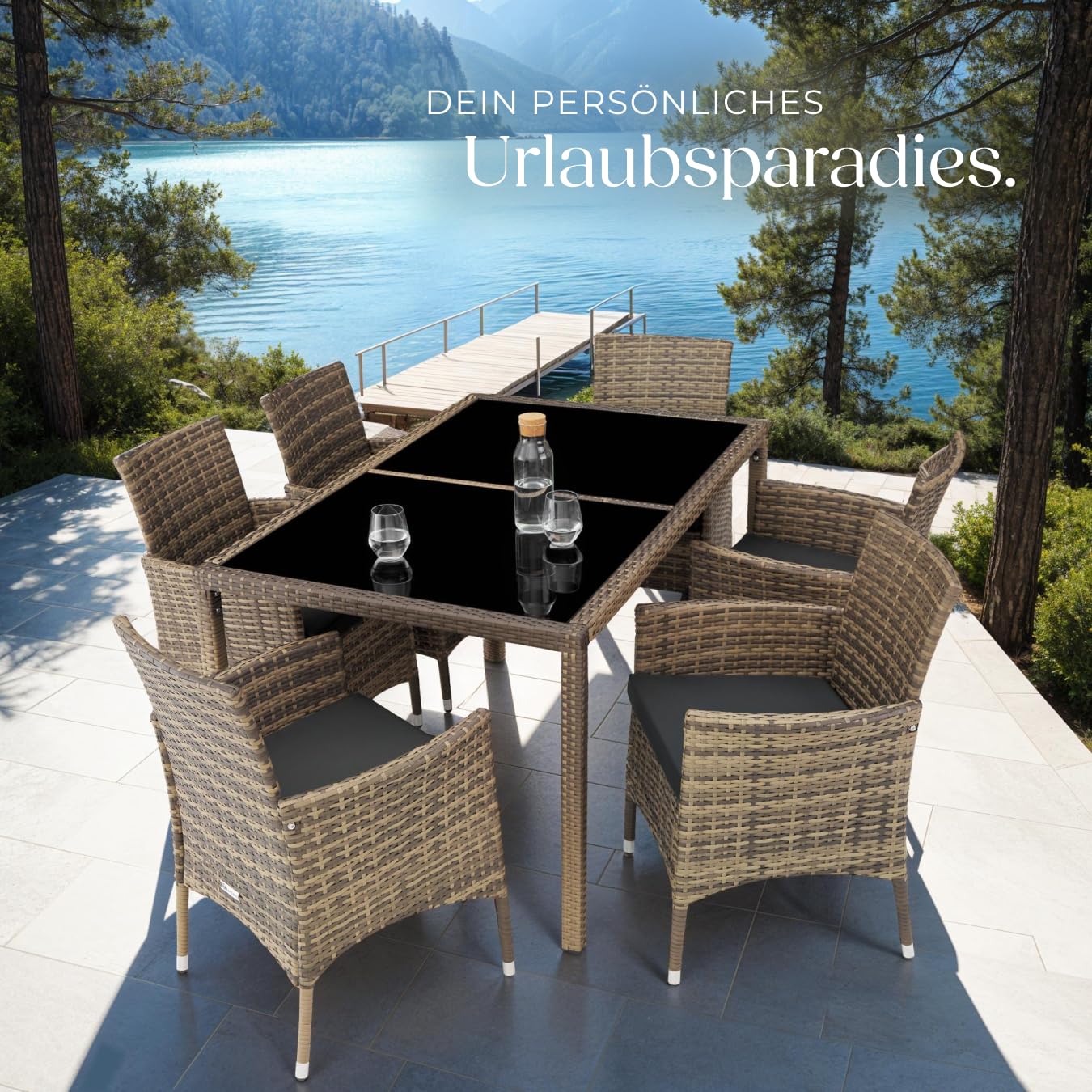 tectake Polyrattan Sitzgruppe für 6 Personen, Balkon Möbel, Gartenmöbel Set mit Tisch und 6 Stühlen, Essgruppe für Garten Terrasse und Balkon, inkl. Sitzkissen und Schutzhülle - Natur/dunkelgrau