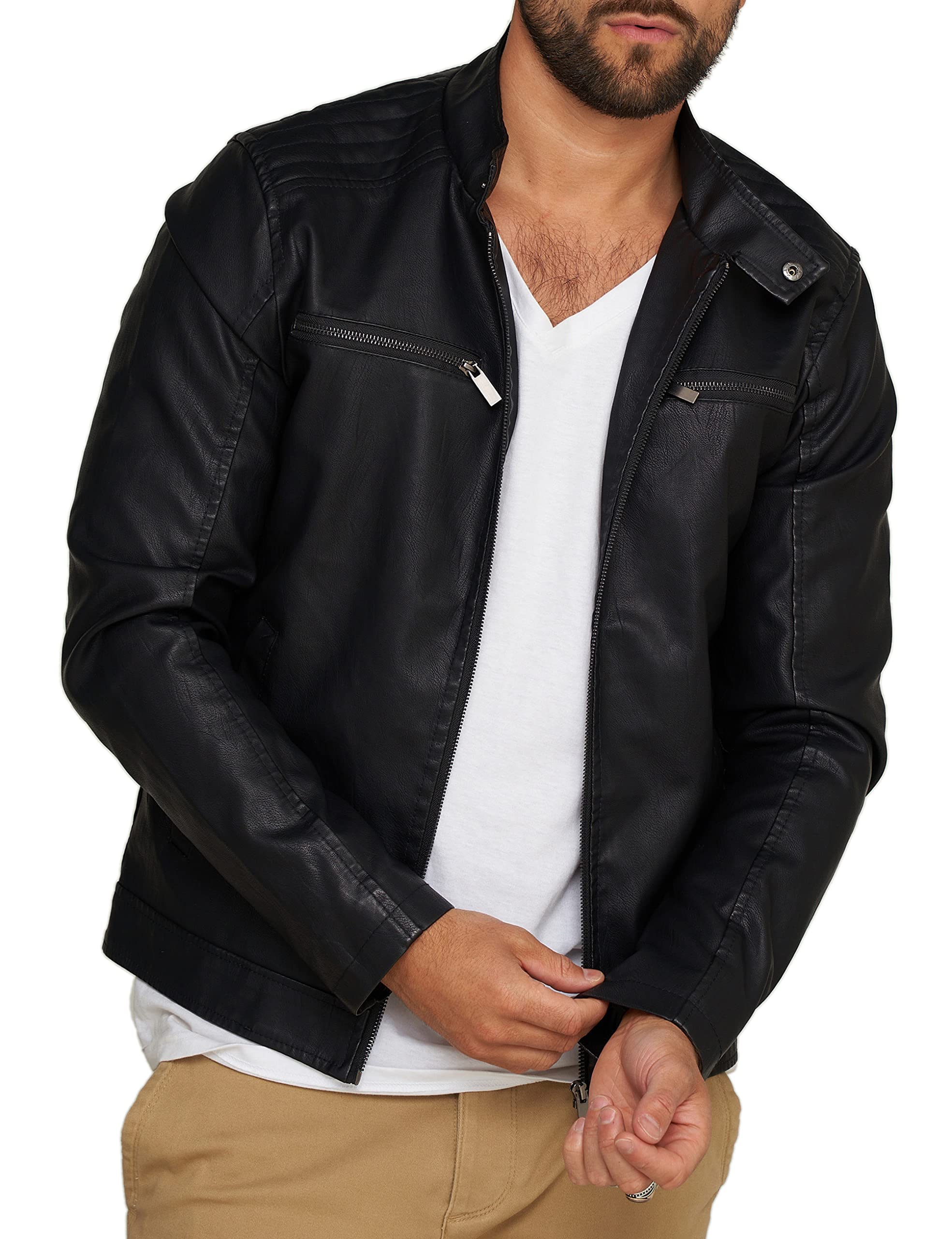 Soulstar Herren Kunstlederjacke Leichte Übergangsjacke Biker-Jacke Freizeitjacke Jacket Schwarz Black